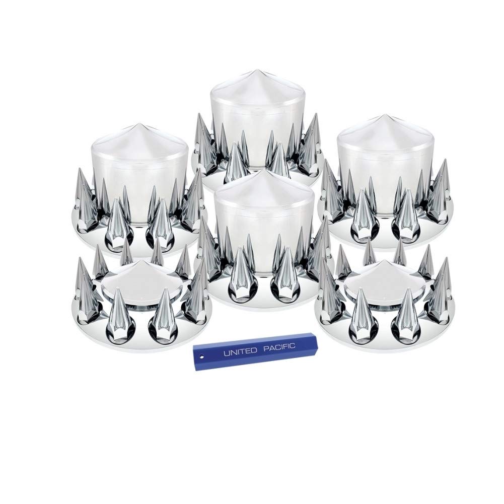 United Pacific 10308 Chrome Pointed Axle Hub Cover Kit with 33mm Spike Nut Cover & Installation Tool - Heavy Duty Wheel Accessories for Trucks, SUVs, and Custom Cars