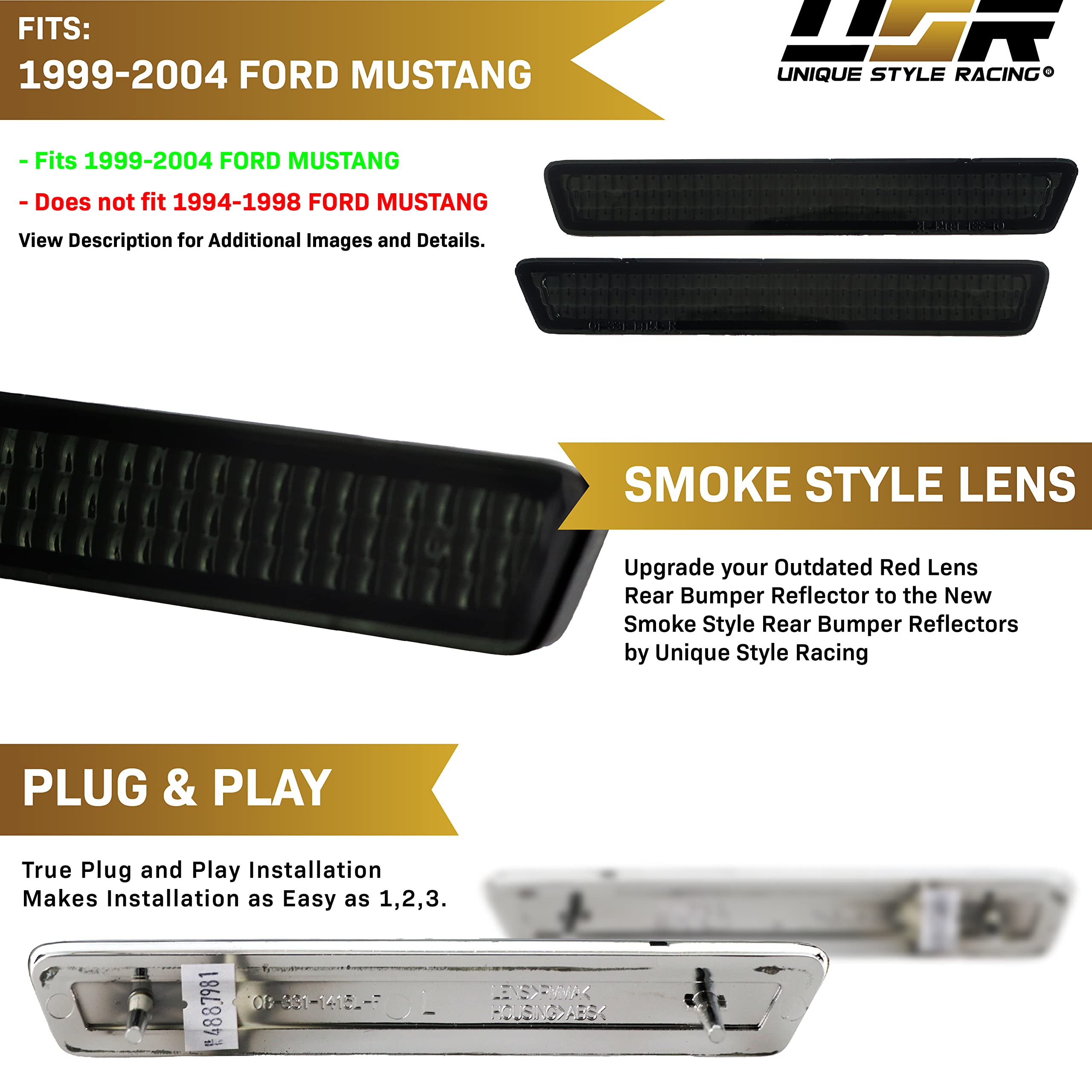USR DEPO 99-04 Mustang Rear Lights - Smoked Lens Bumper Reflector Lamps Pair (Left+Right) Compatible with 1999-2004 Ford Mustang V6 GT Cobra SVT - Upgrade Your Nighttime Visibility & Style for Street Racing or Car Shows