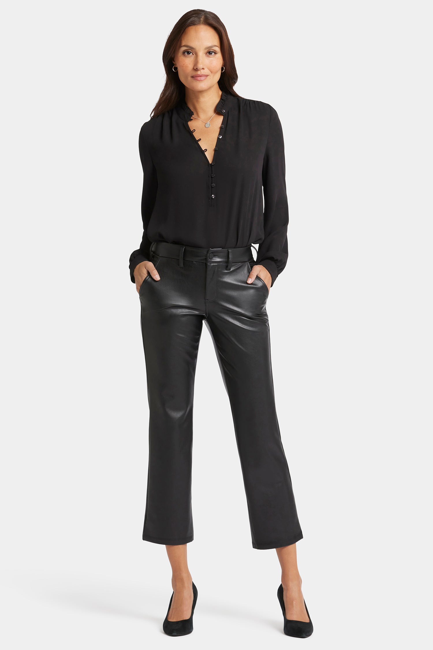 Faux Leather Straight Ankle Pants for Women - Stretch Comfort Fit High Waist Trousers (Black) | Office Wear, Night Out, Casual Chic Outfits