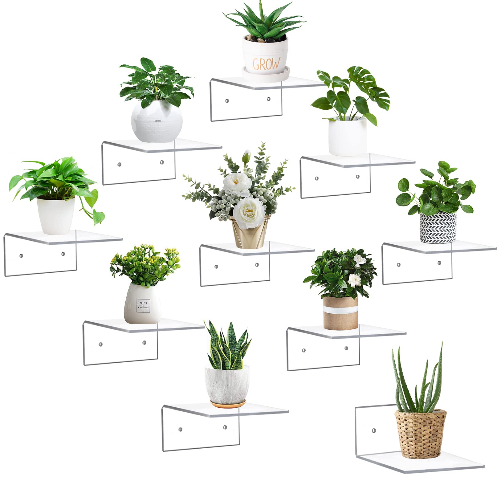 10 Pack Clear Acrylic Floating Shelves - Wall Mounted Display Shelves for Plants, Funko Pop Figures, Toys & Decor | Adhesive & Sturdy for Bedroom, Living Room, Office | Modern Minimalist Shelf Organizer