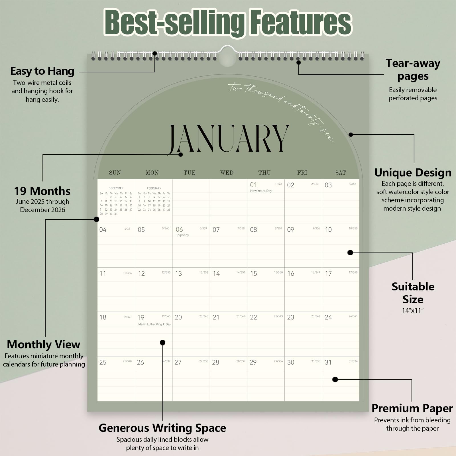 Guasslee 2025-2026 Wall Calendar | 19-Month Spiral Bound Vertical Planner (June 2025-December 2026) | 14