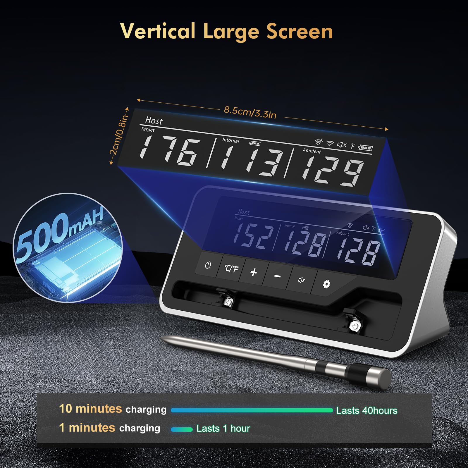 Smart Wireless Meat Thermometer with 5mm Ultra-Thin Probe - Bluetooth BBQ Thermometer with Large LCD Display for Grilling, Smoking, Baking & Air Frying - Perfect for Steak, Turkey, Chicken & Home Cooking (Single Probe)