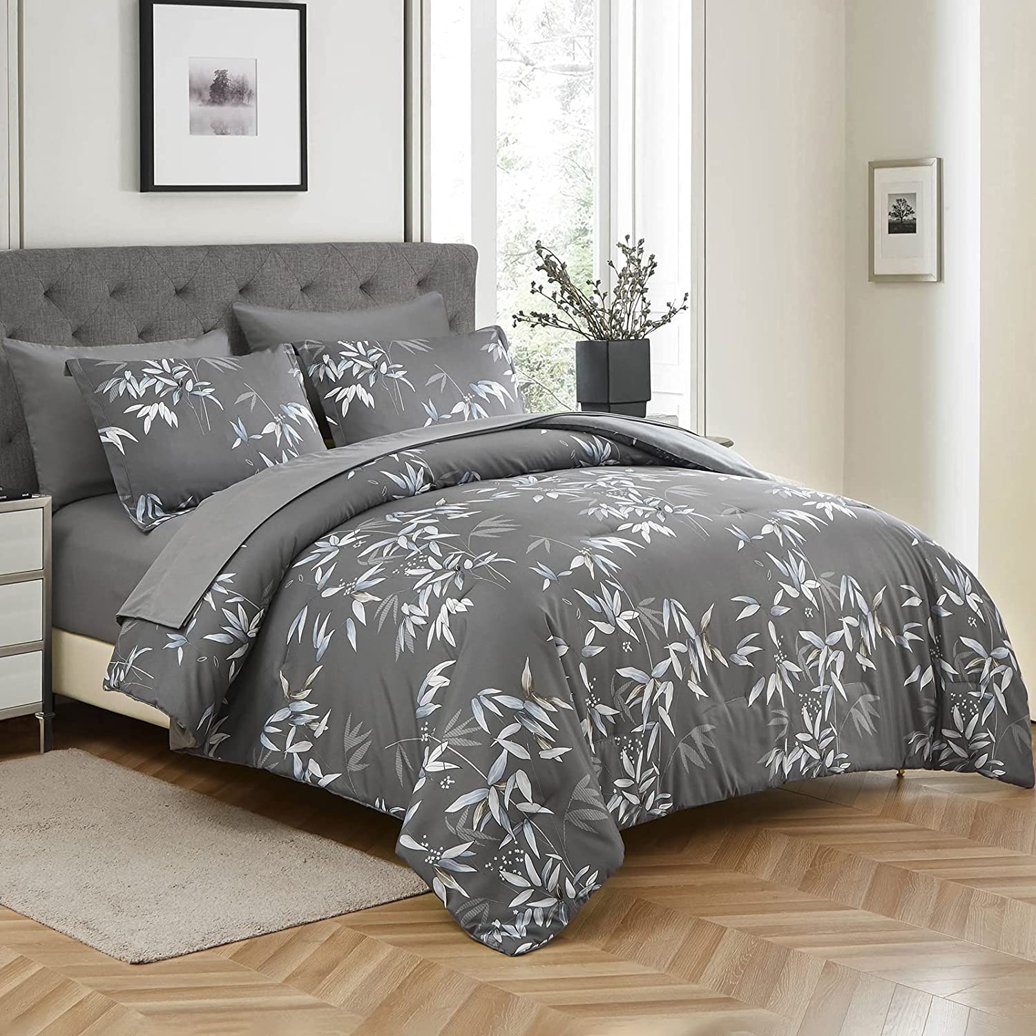 Queen Size Comforter Set - 7 Piece Bed in a Bag with Soft Lightweight Microfiber Grey Comforter, Sheets & Pillows | Ultra-Cozy Bedding for Master Bedroom, Guest Room & Dorm (Grey, Queen)