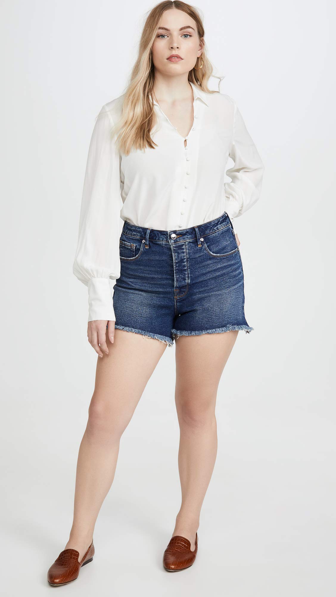 Good American Women's Bombshell Denim Shorts - High Waisted Blue Distressed Jeans Shorts for Women | Perfect for Summer Outfits, Beach Vacations & Casual Street Style