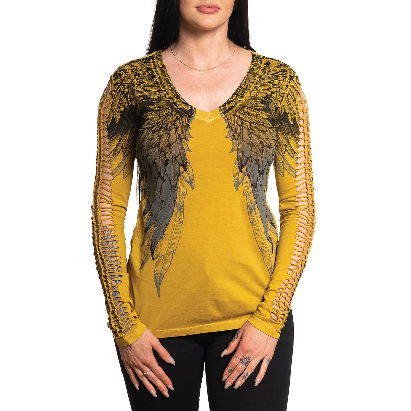 Affliction Women's Long Sleeve T-Shirt with Angel Wing & Cross Design - Gothic Fashion, Rocker Style, Casual Wear for Concerts & Everyday Outfits