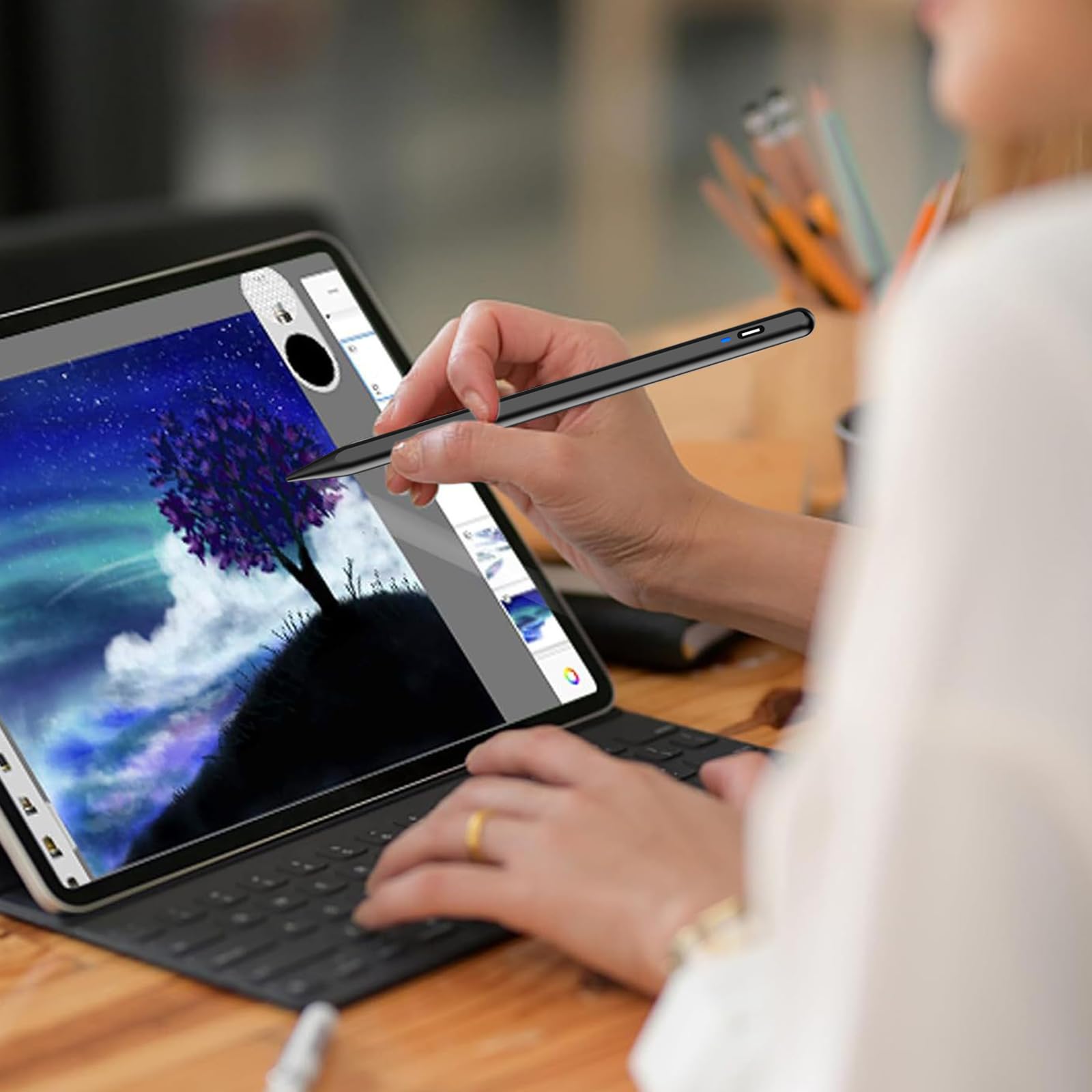 Premium Rechargeable Stylus Pen for iPhone, Samsung, Xiaomi, Huawei, Vivo & Lenovo Tablets - Precision Pom Tip for iOS/Android - Perfect for Note-Taking, Drawing & Digital Art - Black