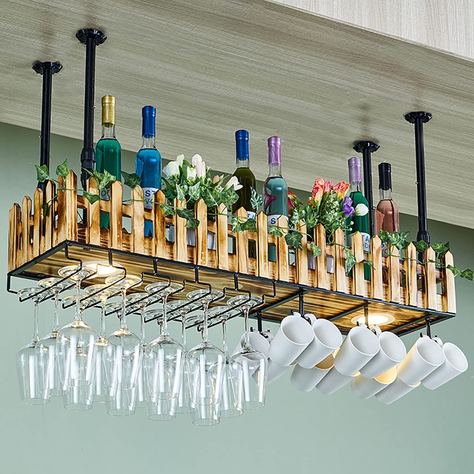 Multifunctional LED Ceiling Wine Rack with Adjustable Shelves - Industrial Style Hanging Glass Holder for Kitchen, Bar, Dining Room & Living Room Decor (100x25x21cm) - Perfect for Home Entertaining & Wine Storage Organization