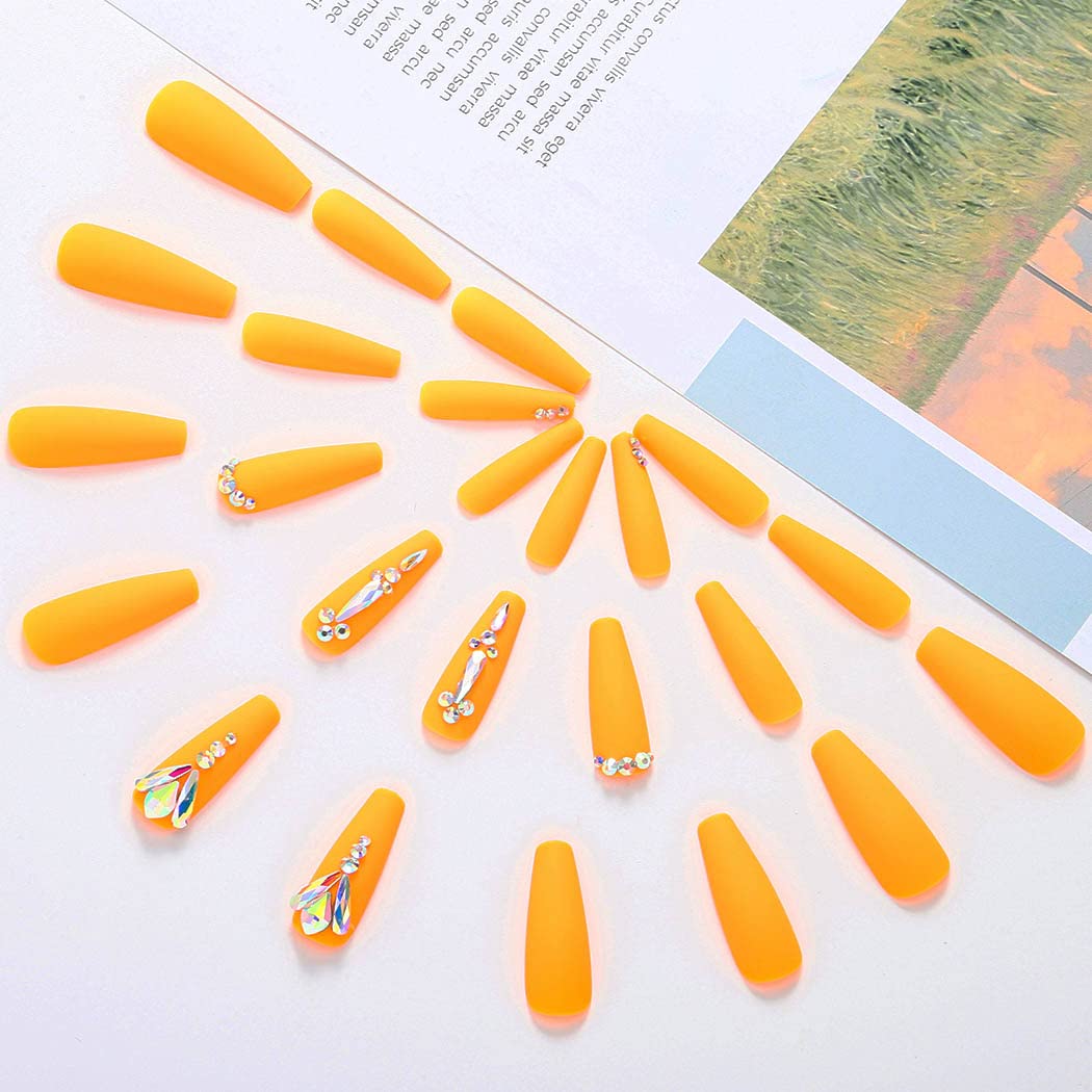 Long Coffin Ballerina Fake Nails - Orange Glitter Crystal Press on Nails with Matte Shimmer Rhinestones - 24Pcs Full Cover Artificial Nails for Women & Girls - Perfect for Parties, Weddings, and Special Occasions