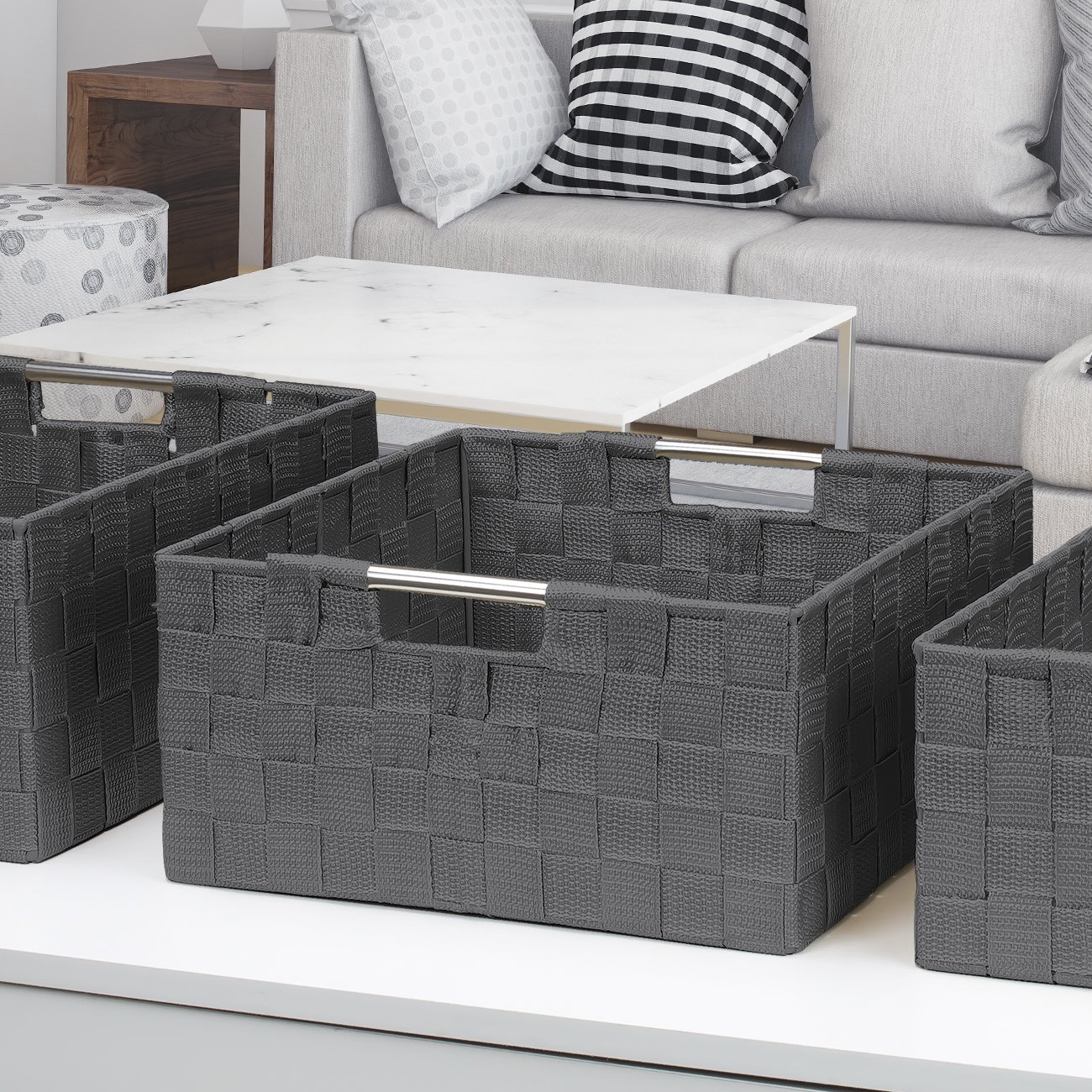 Sorbus Woven Storage Baskets with Handles - Set of 3 Stackable Organizer Bins for Home, Office & Nursery - Gray Fabric Cube Containers for Shelves, Closets & Toy Storage