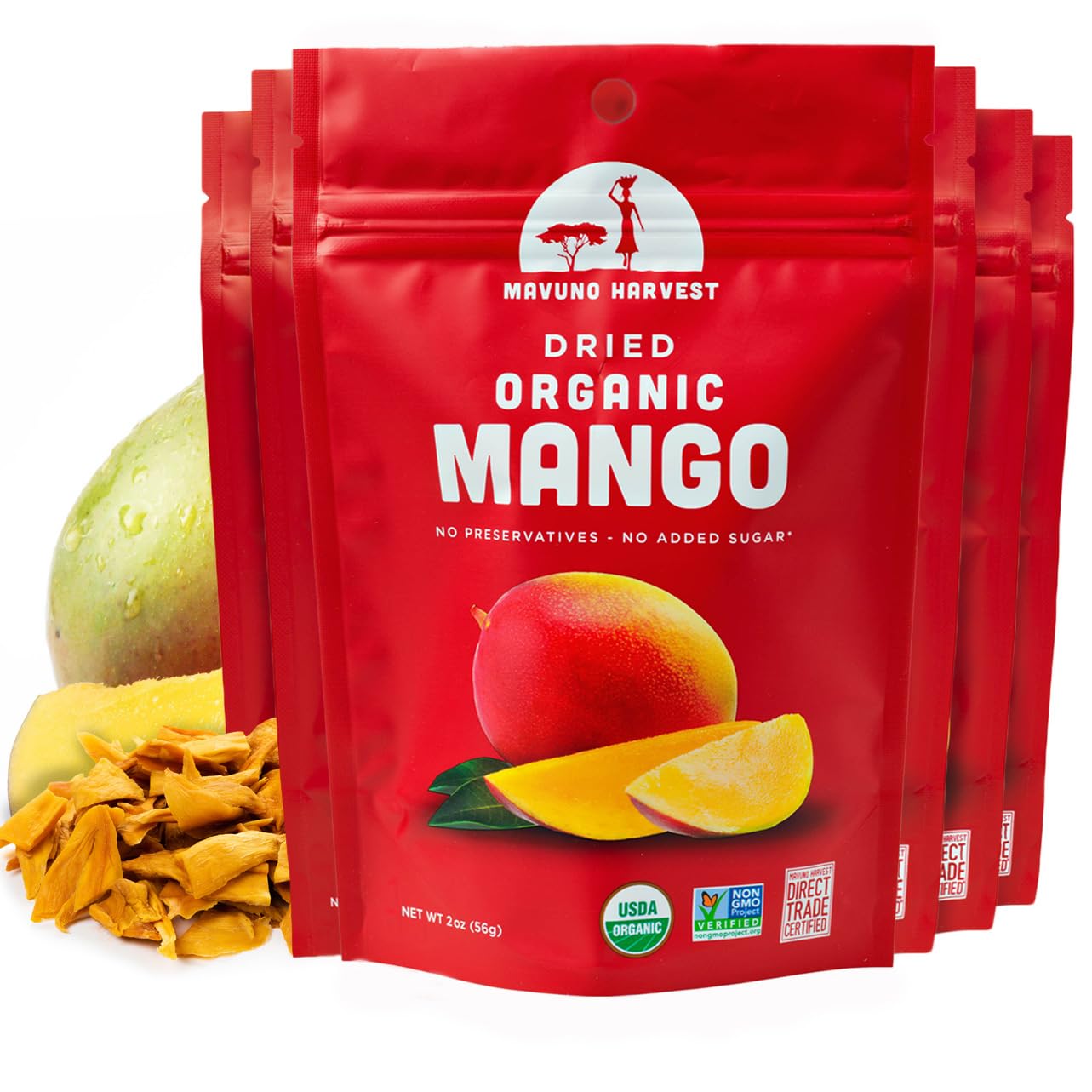 Organic Dried Mango Slices by Mavuno Harvest | Unsweetened, Gluten-Free Vegan Snacks | Non-GMO, Direct Trade Healthy Snacks for Kids & Adults | 2oz Pack of 6 | Perfect for Lunchboxes, Hiking, Office & On-the-Go Snacking