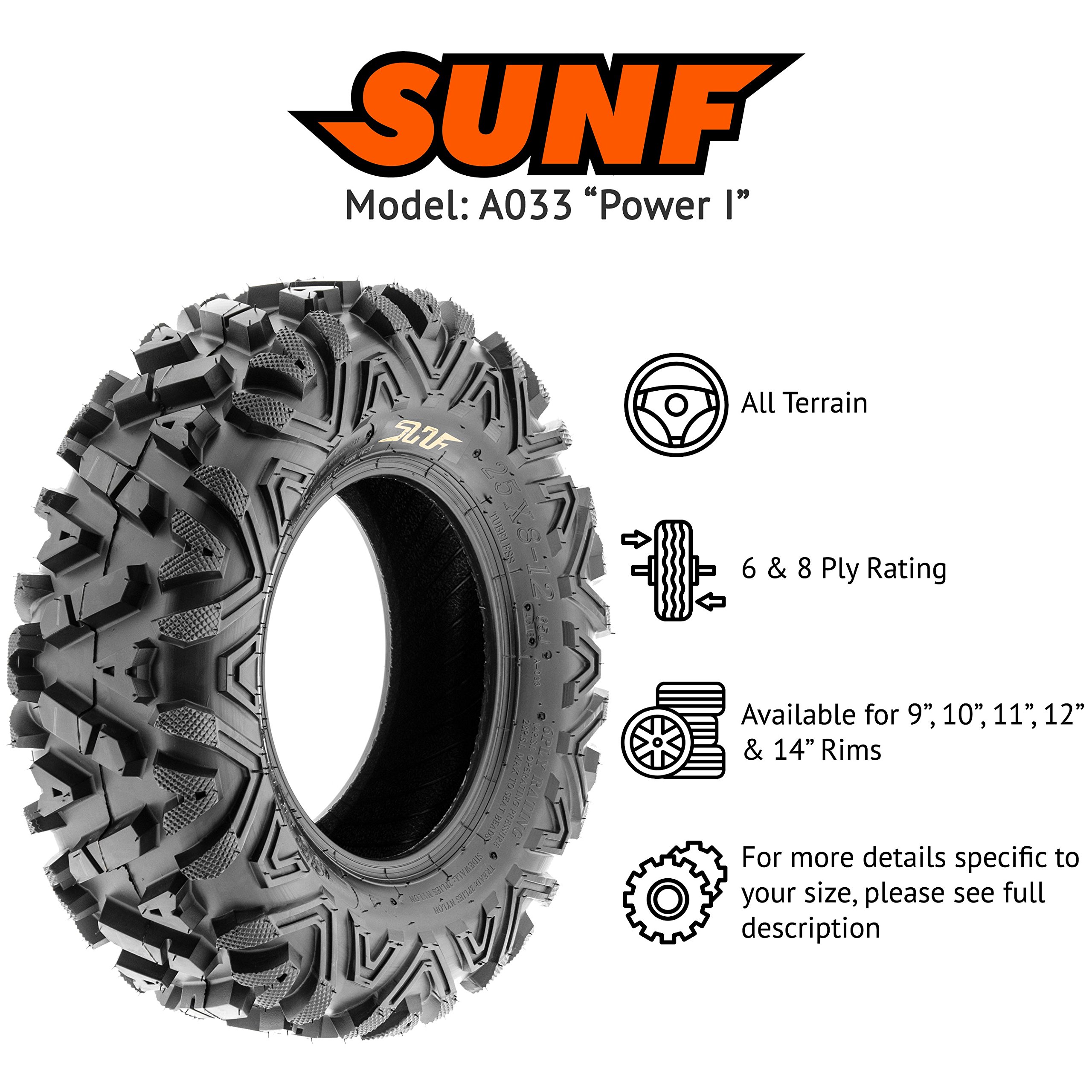 SunF 26x8-12 26x8x12 All Terrain Tires for ATV/UTV - 6 PR Tubeless A033 POWER I - Perfect for Off-Roading, Mudding & Trail Adventures