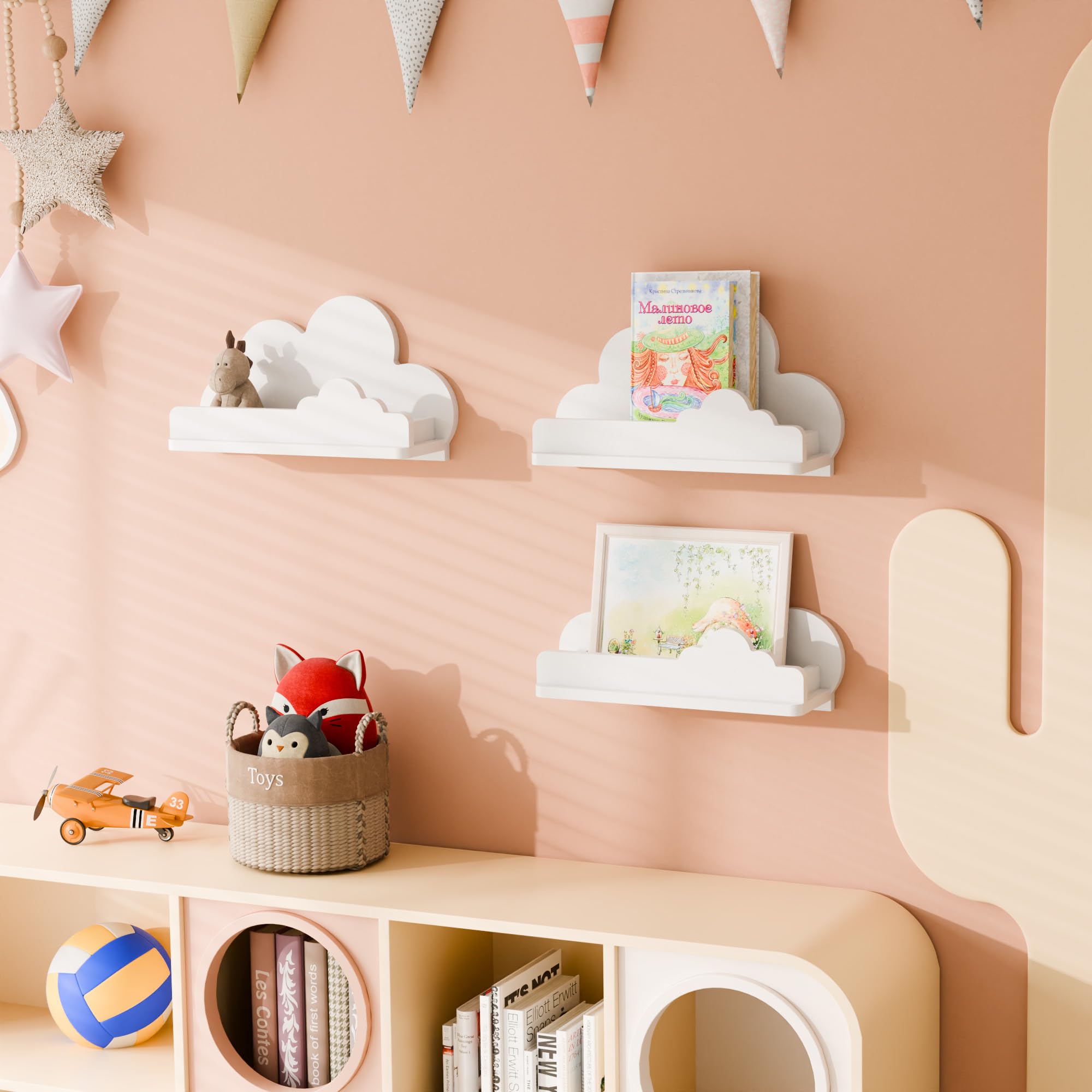 Beskadi Set of 3 White Cloud Floating Shelves - Wall Mounted Nursery Decor for Kids Room, Bookshelf & Display Shelf for Toys, Plants & Storage - Perfect for Bedroom, Playroom & Nursery Organization