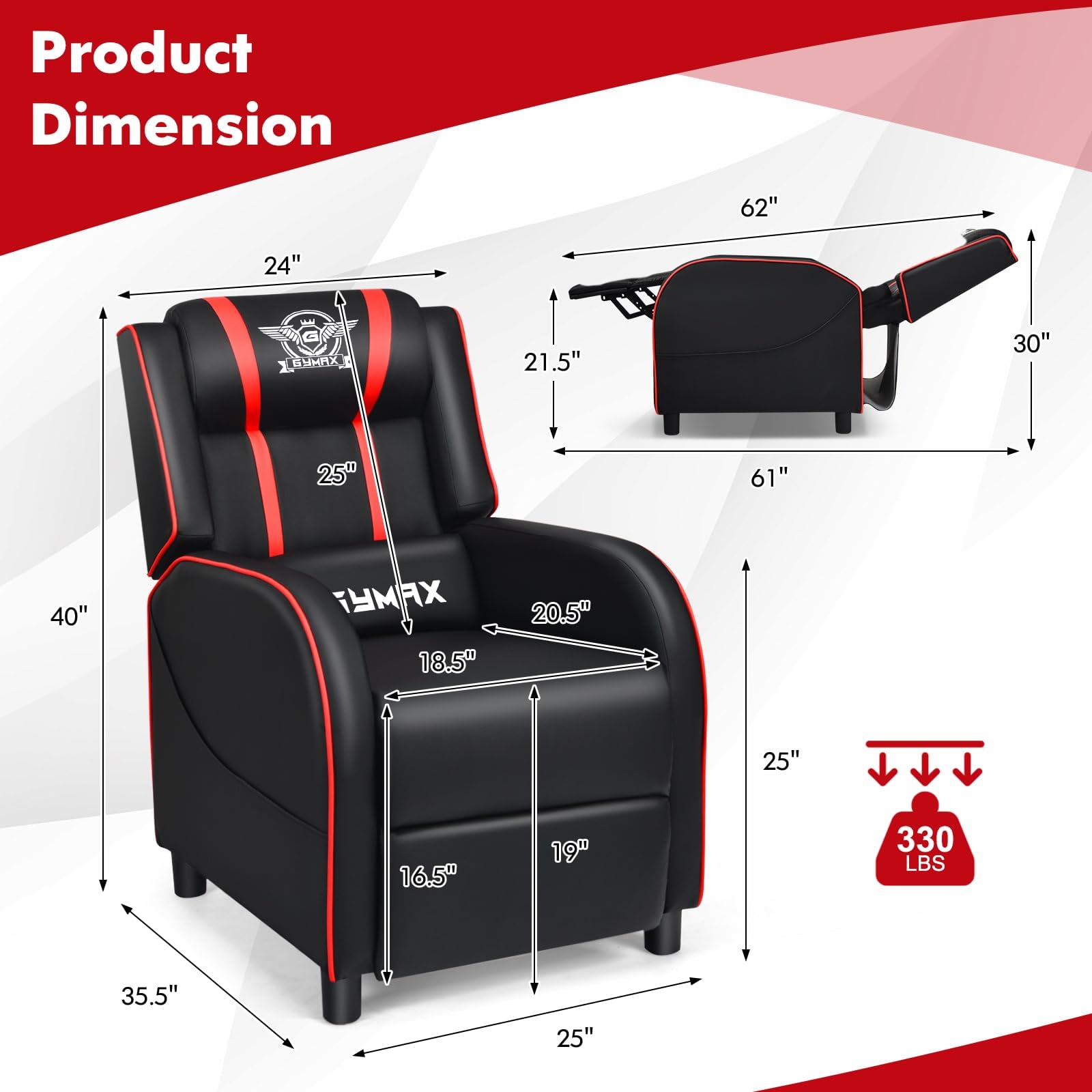 GYMAX Ergonomic Gaming Recliner Chair with Massage, Adjustable Footrest & Remote Control - Racing Style Video Game Chair with Side Pocket for Adults - Perfect for Gaming, Movie Nights & Home Theater (Red)
