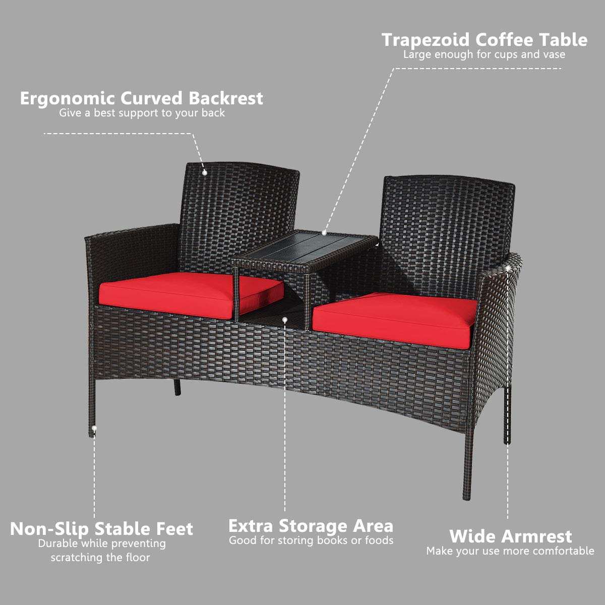 Outdoor Rattan Wicker Loveseat Patio Set with Removable Cushions & Coffee Table - Garden Lawn Backyard Conversation Furniture for Relaxing & Entertaining