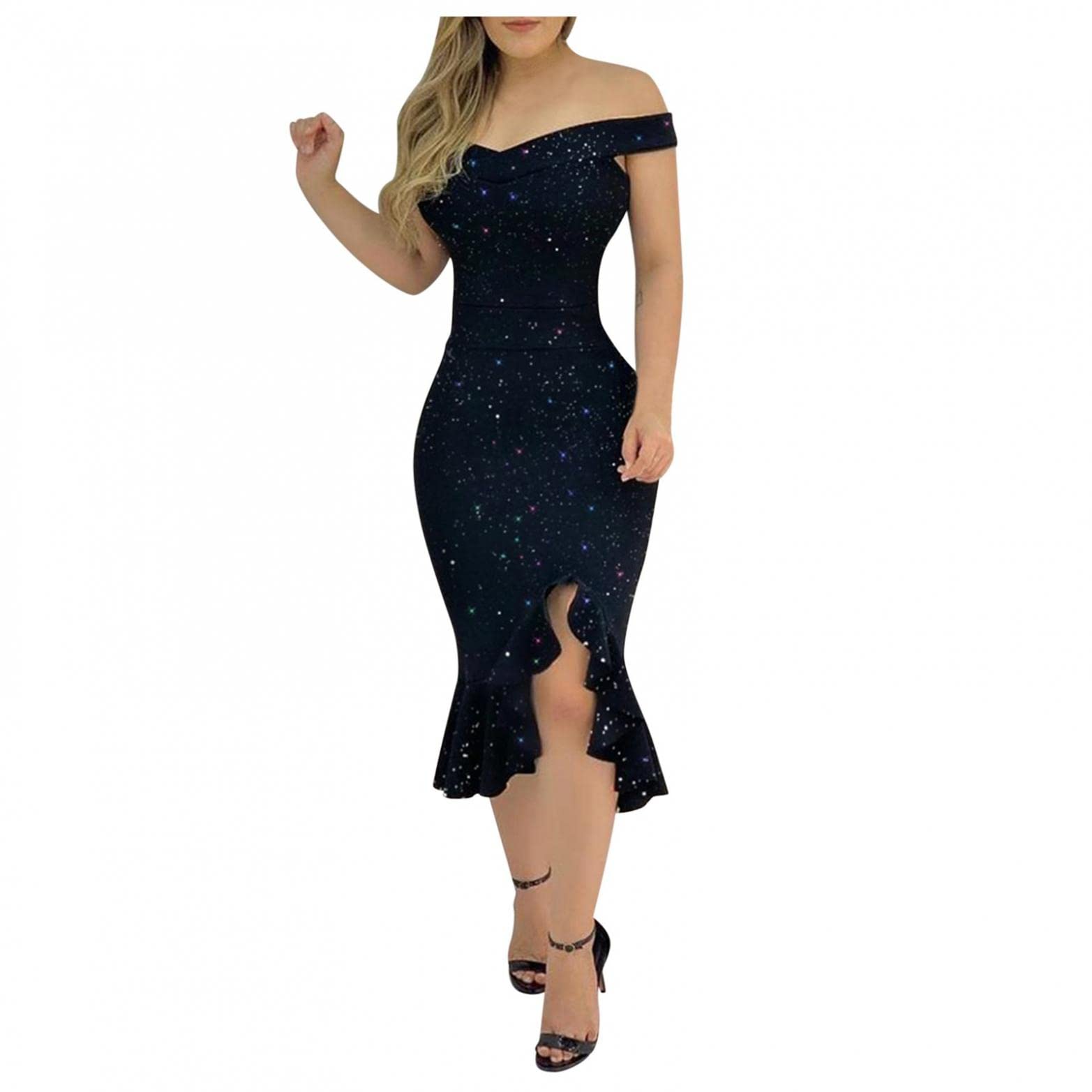 Elegant Sexy V-Neck Off Shoulder Cocktail Dress for Women - Wedding Guest, Evening Party & Formal Occasions | 2/3 Sleeve Bodycon Long Dress with Slit