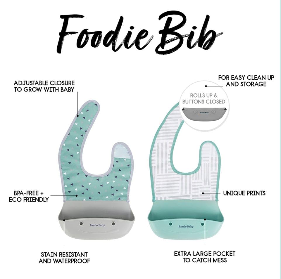 Bazzle Baby Silicone Bibs with Food Catcher - Waterproof 2-Pack for Travel & Storage - Ideal for Messy Eaters