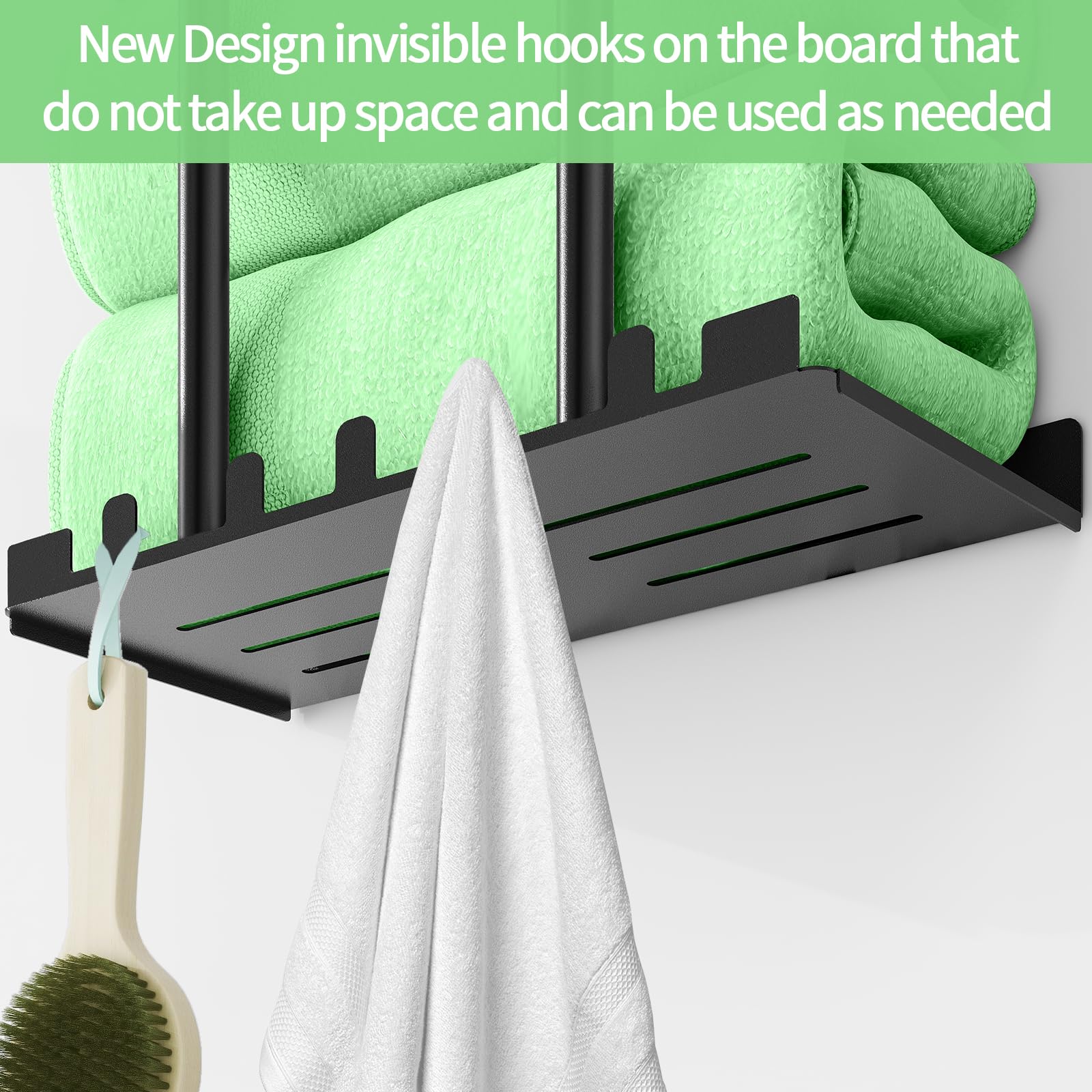 Sturdy 30-Inch Metal Towel Rack with Shelf & 5 Hooks - Wall Mounted Bathroom Storage Holder for 6 Large or Rolled Towels (Black) - Perfect for Spa, Guest Bathrooms & Laundry Rooms