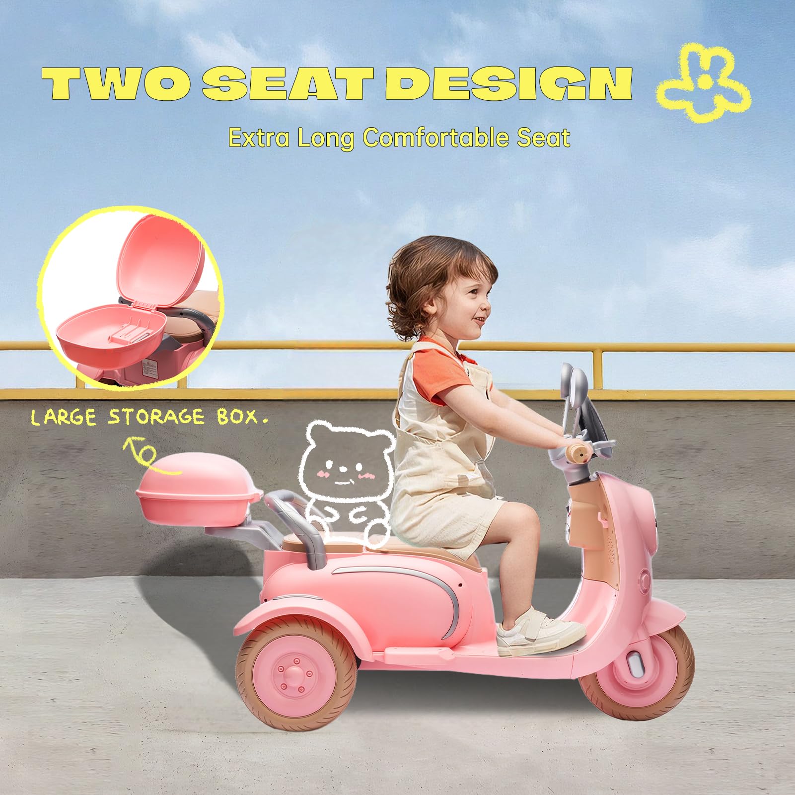 12V Kids Electric Motorcycle - 2 Seats, 3 Wheels with Bluetooth & Lights for Ages 3+ | Outdoor Ride-On Toy