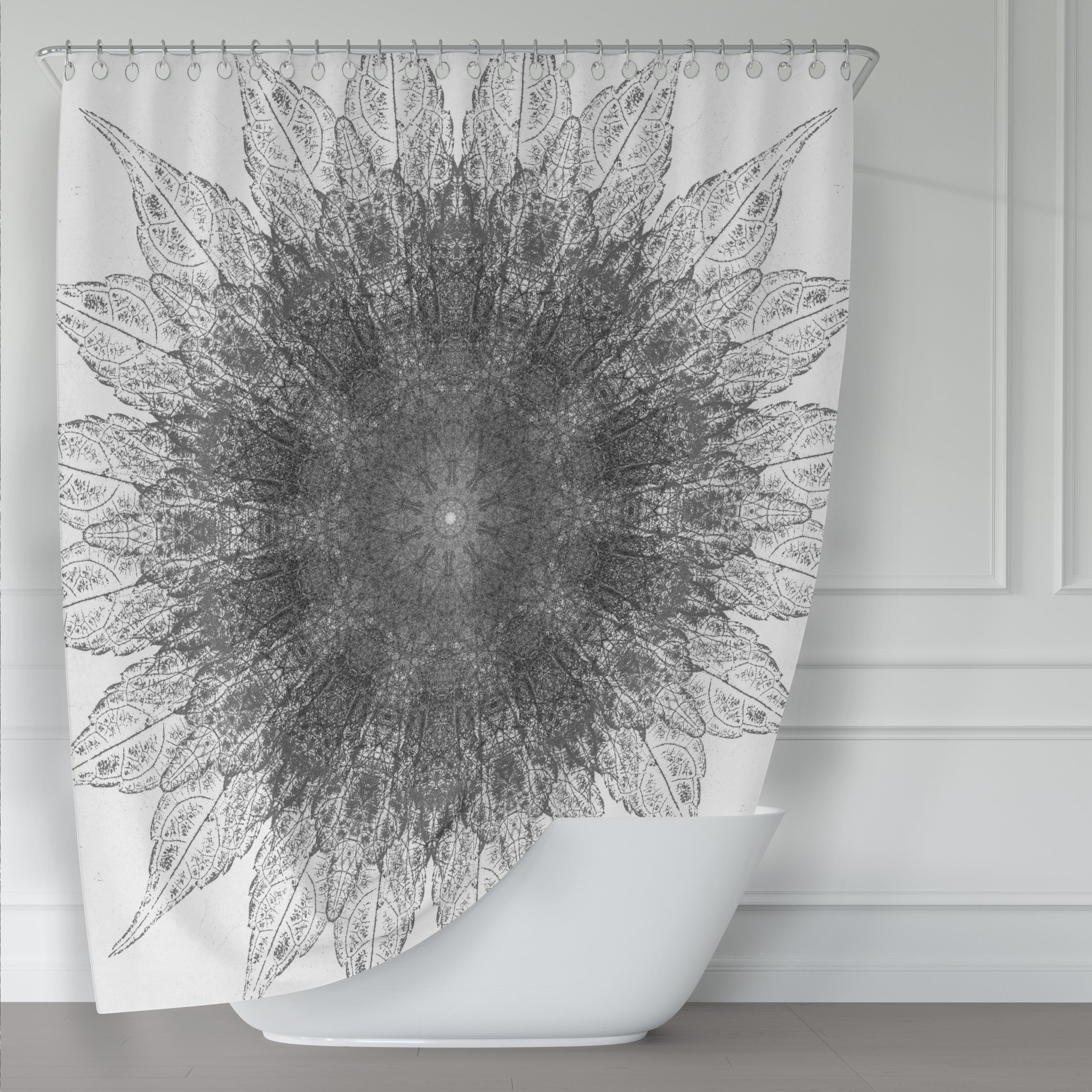Charcoal Gray & White Spinning Leaves Mandala Shower Curtain - Waterproof Bathroom Decor for Boho & Modern Homes, Perfect for Spa-Like Showers & Meditation Spaces