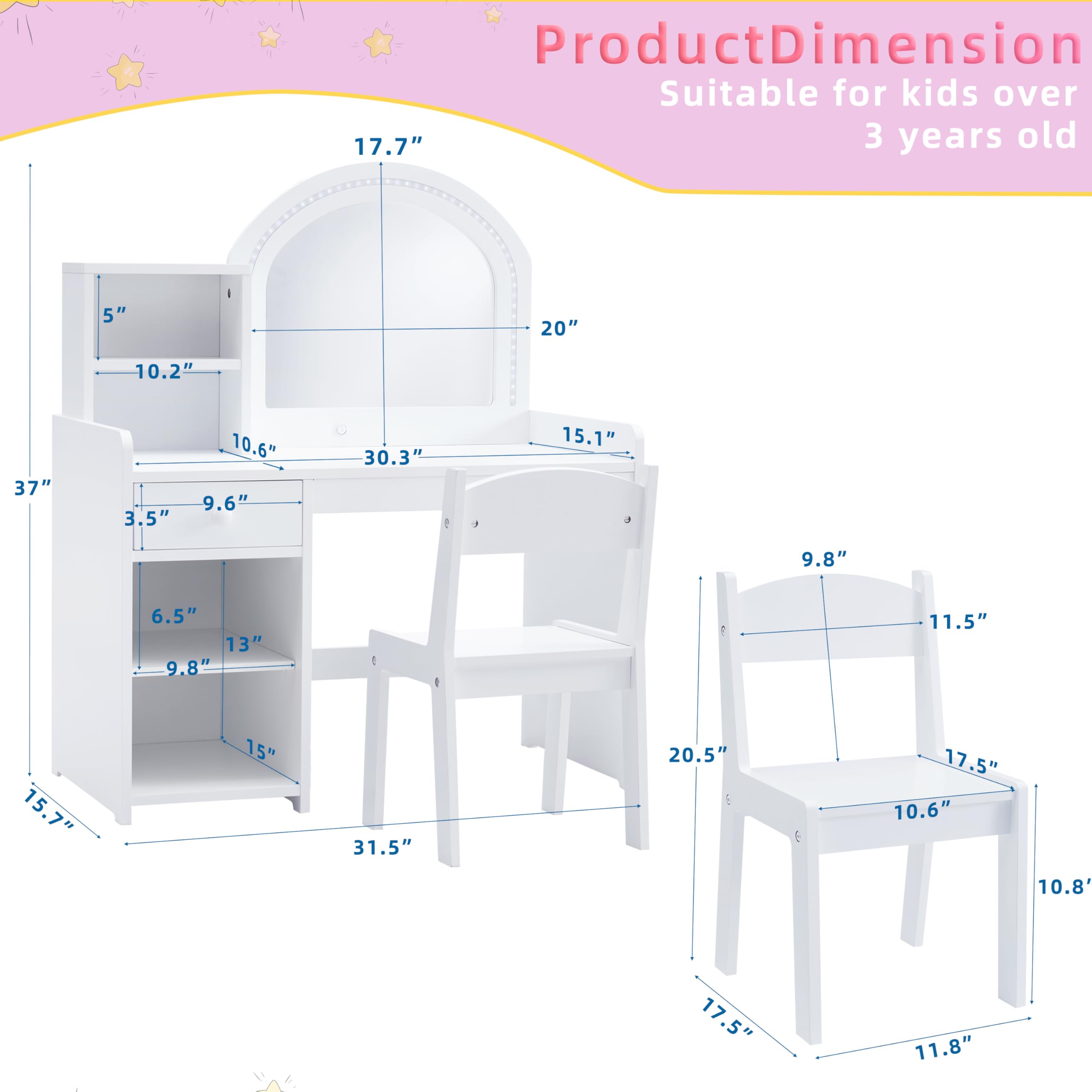 **Princess Vanity Set for Girls with Lights & Storage - 2-in-1 Toddler Makeup Vanity with Lighted Mirror, Drawer & Stool - Perfect for Kids' Room Decor & Pretend Play (White)**