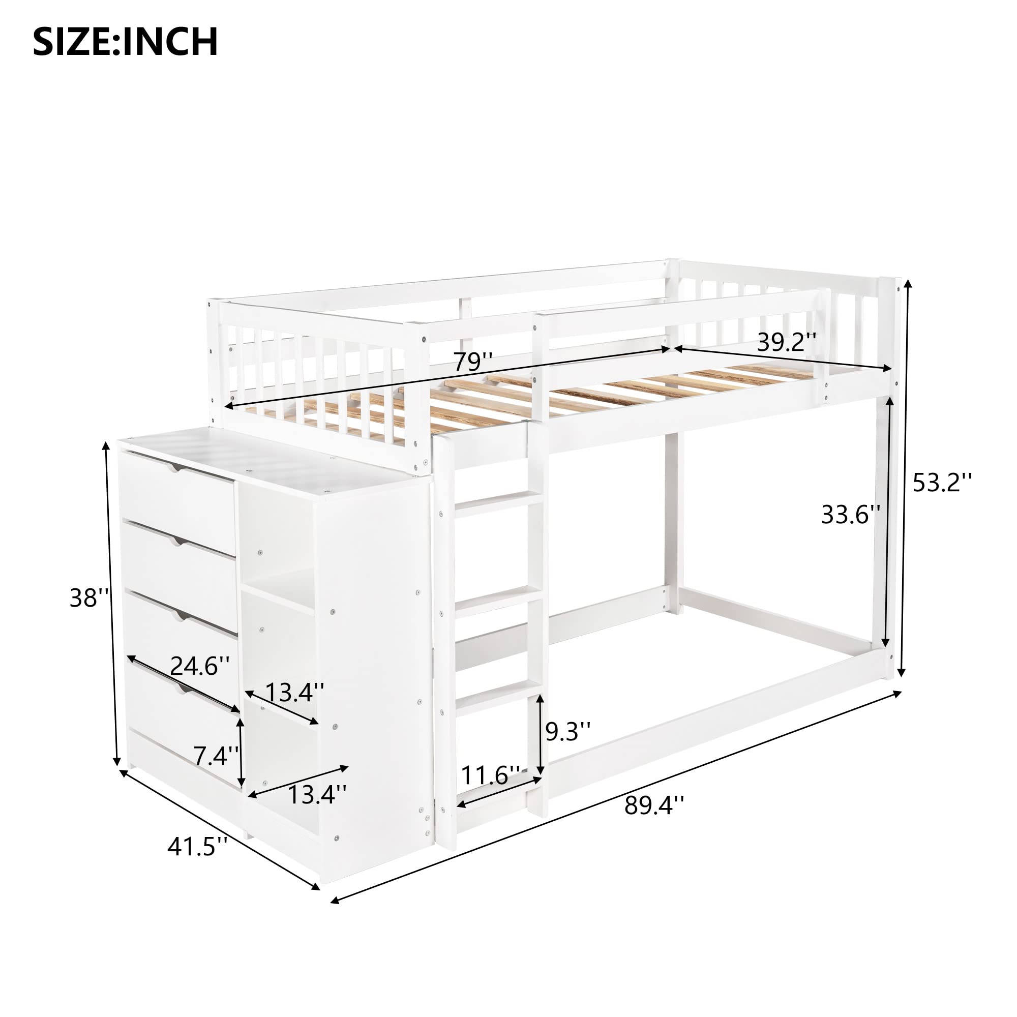 Twin Over Twin Solid Wood Bunk Bed with Storage Cabinet & Shelves - Low Loft Bed Frame with Ladder & Guardrails for Kids, Teens & Adults - Multi-Functional Space Saving Design (White) - Perfect for Small Bedrooms, Dorm Rooms & Guest Rooms