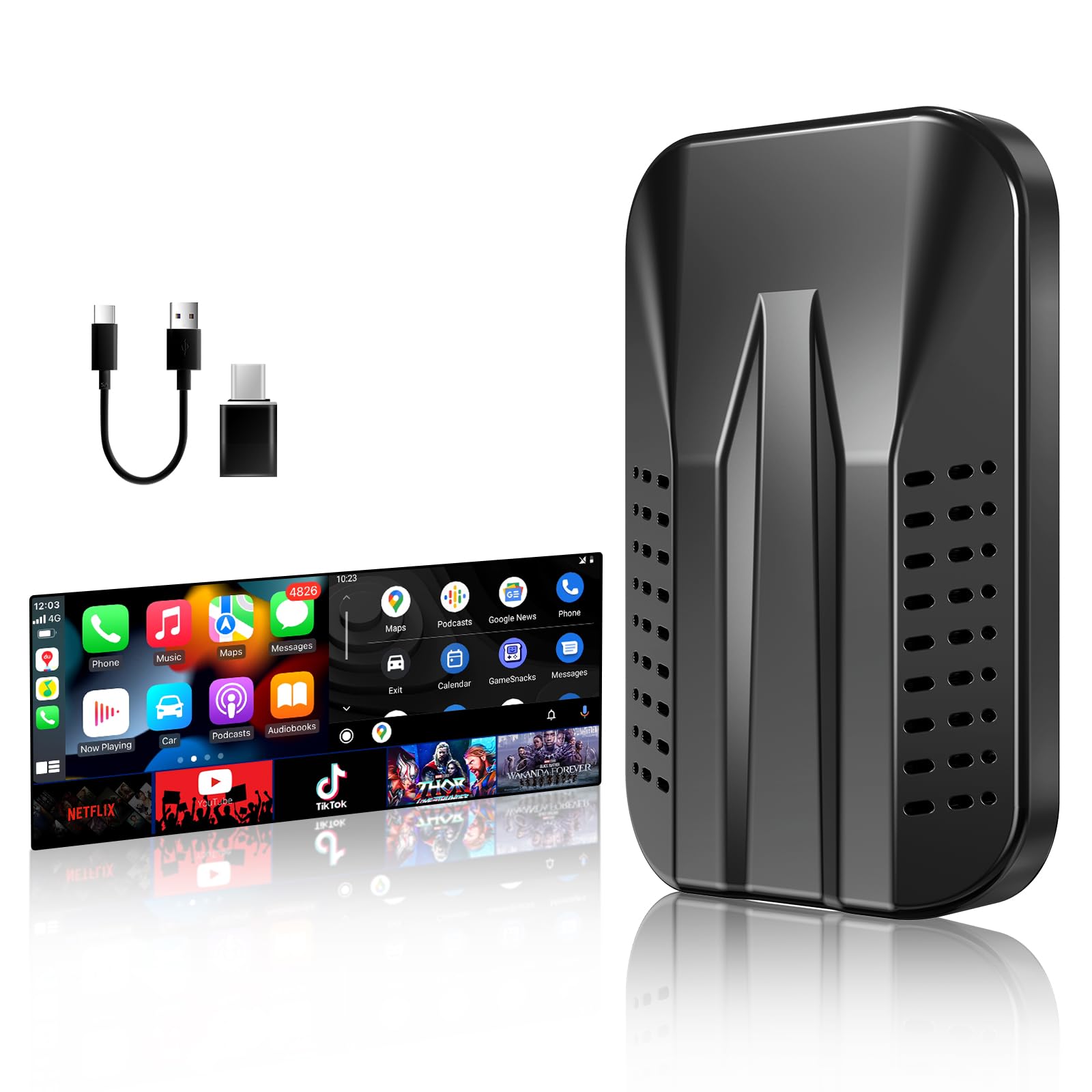 LERANDA Wireless CarPlay Adapter for iPhone - 3-in-1 Android Auto Dongle with Netflix & YouTube Support, Plug & Play Multimedia AI Box for OEM Wired Cars (Android 11/TF Card/Google Play) - Perfect for Road Trips & In-Car Entertainment