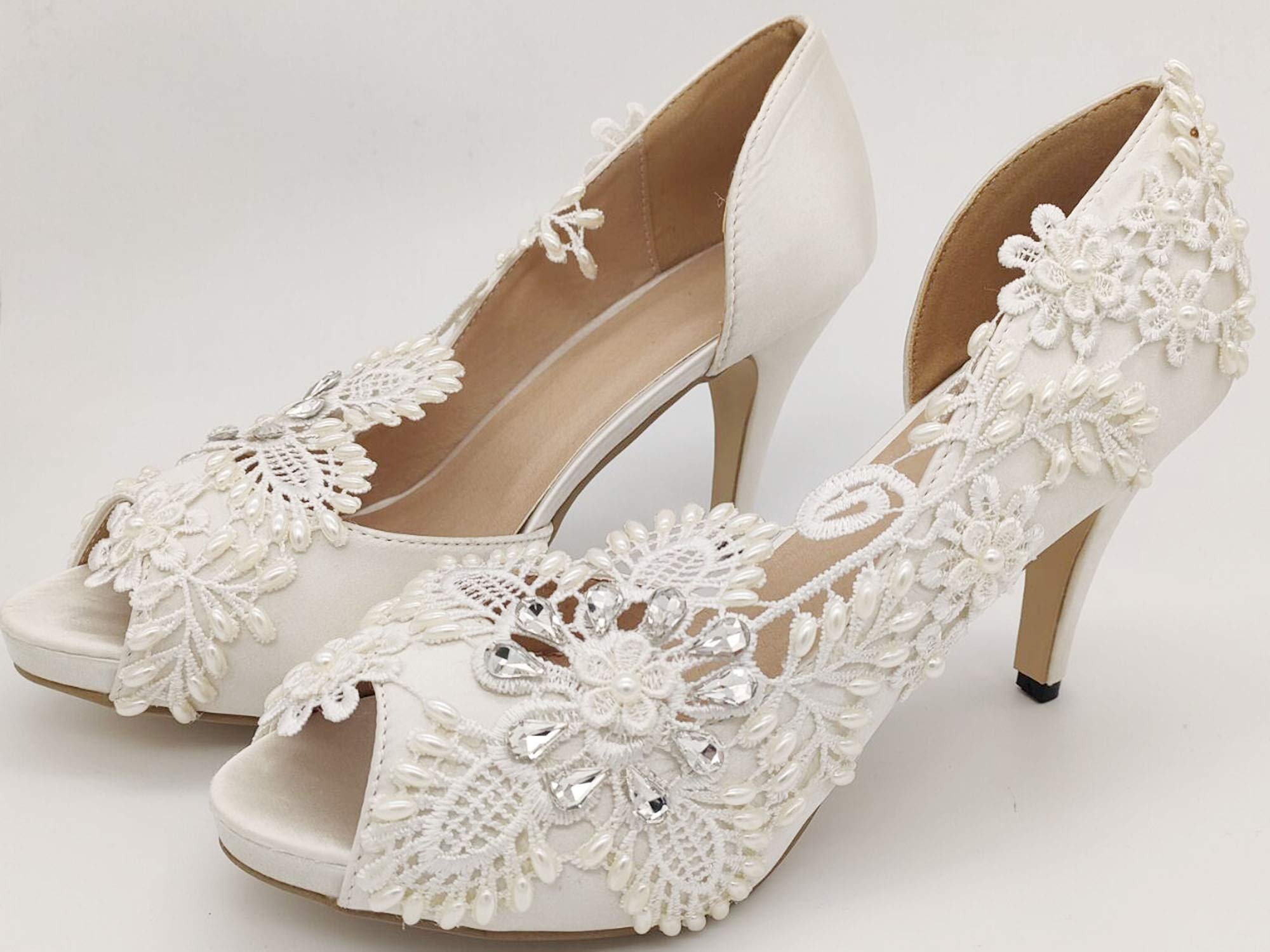 Elegant White Lace Wedding Heels for Women - Bridal High Heel Open Toe Shoes - Perfect for Bridal Showers, Weddings & Special Occasions