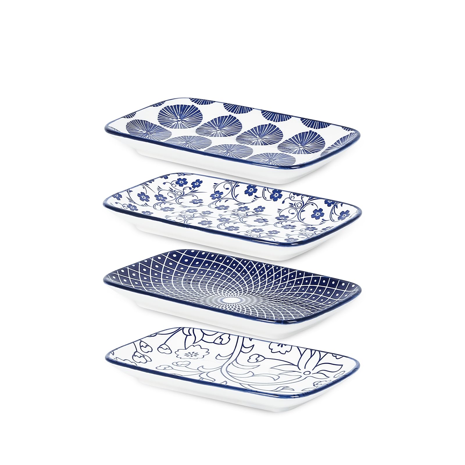 Selamica 8 Inch Ceramic Rectangular Salad Plates Set of 4 - Vintage Blue Small Dinner Plates for Party, Appetizers, Sushi & Dessert | Perfect for Entertaining, Restaurants & Home Dining