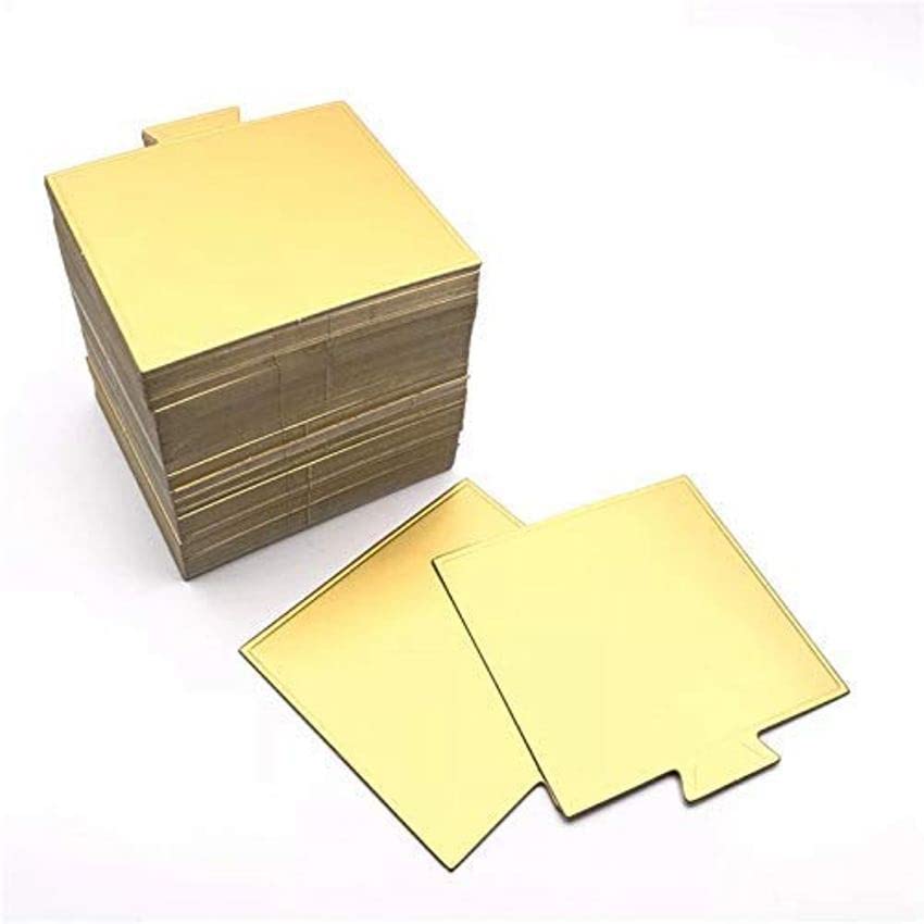 Madhav Enterprises Mini Square Gold Printed Cake Bases | 100-Pack Single Square Mousse Cake Boards | Sturdy Cardboard for Cakes, Cupcakes, Cookies, Muffins & Brownies | Perfect for Bakeries, Weddings & Birthday Parties