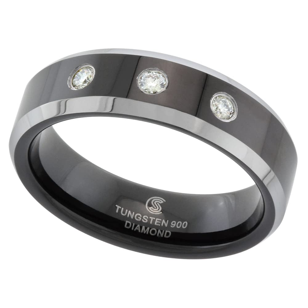 2-Ring Set 6mm & 8mm Black Tungsten 3 Stone Diamond Wedding Band for Men - Two-Tone Beveled Comfort Fit Sizes 5-13 - Perfect for Anniversary, Engagement & Everyday Wear