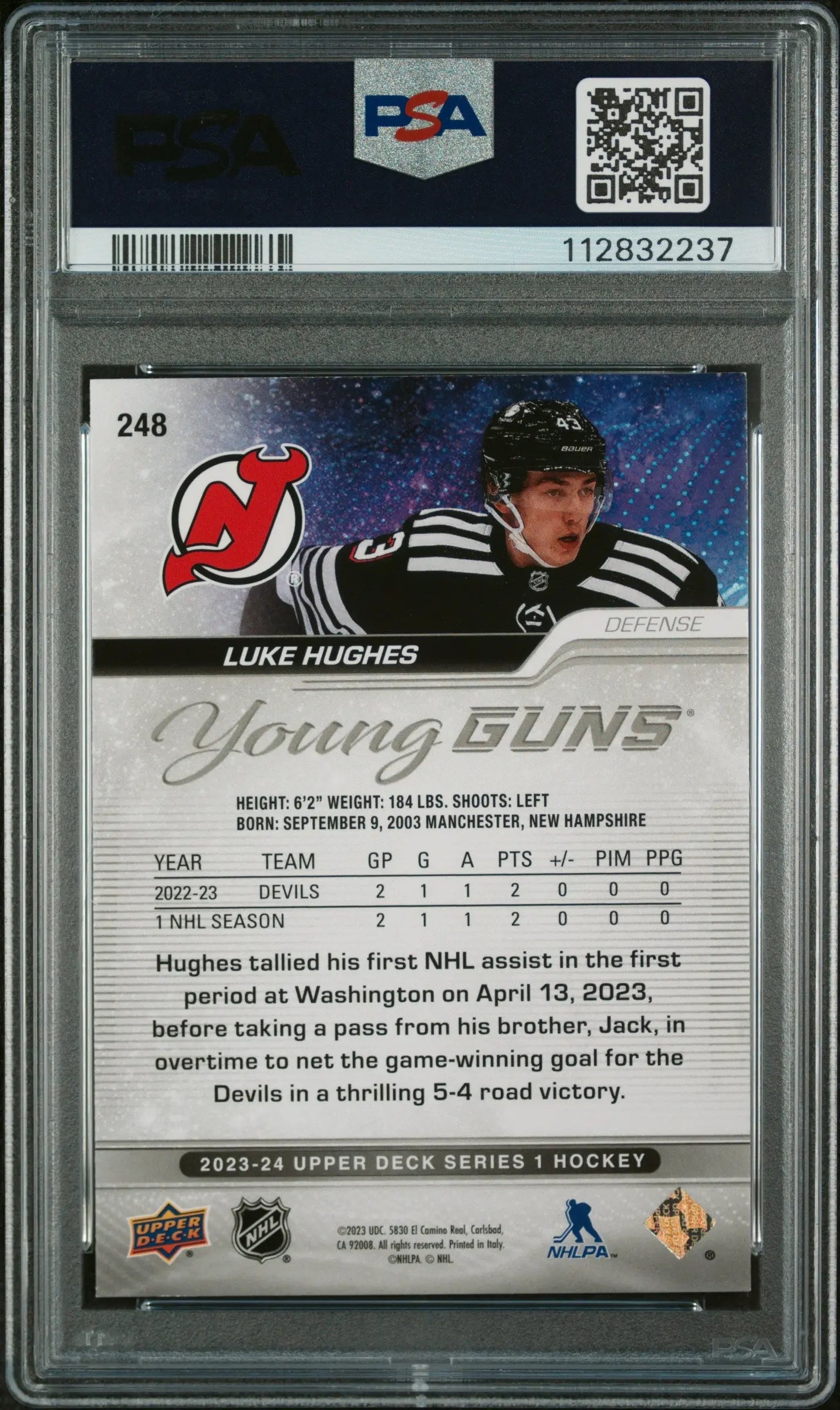 2023-24 Upper Deck Series 1 Hockey Luke Hughes Young Guns RC Deluxe PSA 8 /250 - Rare Hockey Trading Card for Collectors & Investors - Perfect for Display, Gifts & Sports Memorabilia Collections