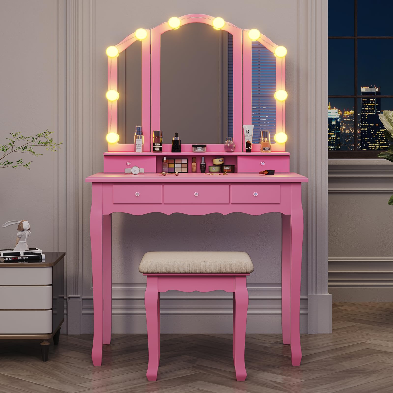 Tiptiper Vanity Desk with Tri-Fold Mirror & LED Lights, Pink Makeup Dressing Table with Wooden Stool, 5 Drawers & 8 Jewelry Hooks - Perfect for Small Spaces, Bedroom Decor & Gift Ideas