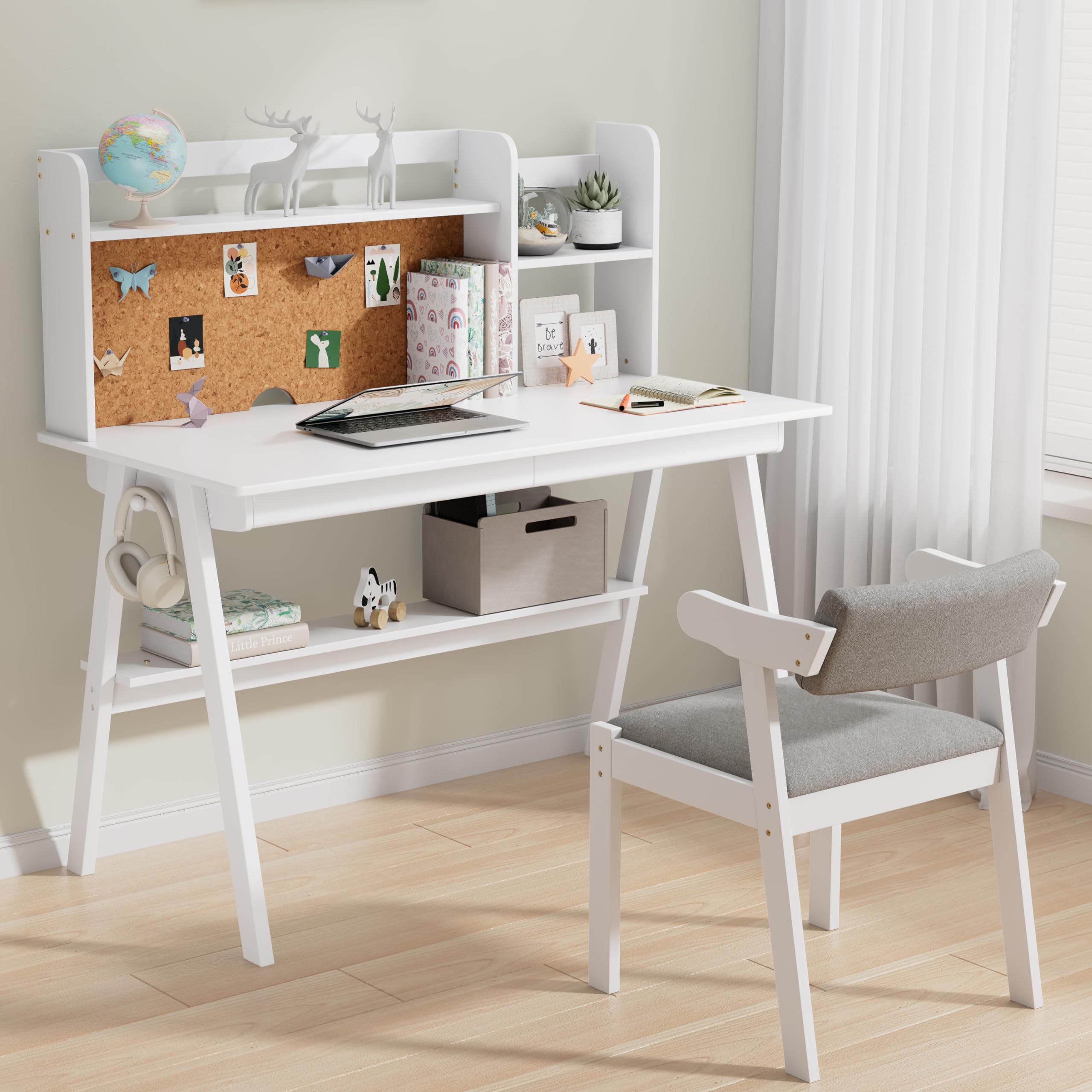 DELAVIN 39.37 Inch Kids Study Desk and Chair Set - Solid Wood Children's Computer Desk with Storage Drawers & Cork Bulletin Board - White Kids Furniture for Bedroom, Homeschool & Playroom