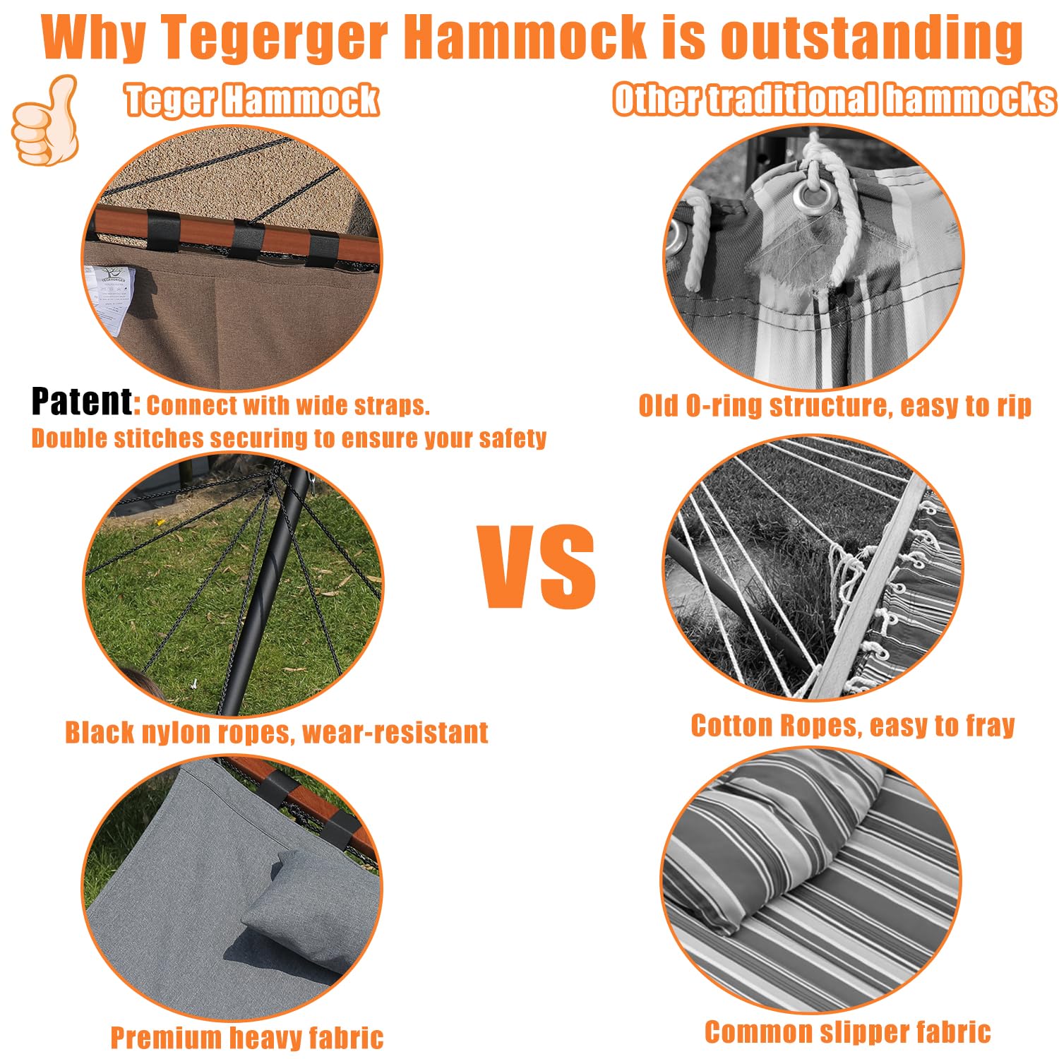 TegerDeger 12FT 2 Person Hammock with Stand - 450LB Capacity Large Outdoor Hammock (55 x 79IN) with Hardwood Spreader Bar & Durable Nylon Rope - Perfect for Patio, Garden, Backyard, Beach, Poolside Relaxation - Brown