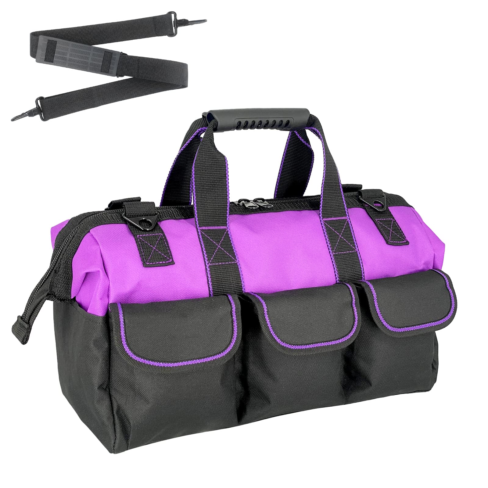 16-Inch Heavy-Duty Purple Tool Bag for Women & Men - Non-Slip Base, Adjustable Shoulder Strap, 14 Functional Pockets - Ideal for Electricians, Carpentry, Gardening & DIY Projects (Large Capacity)