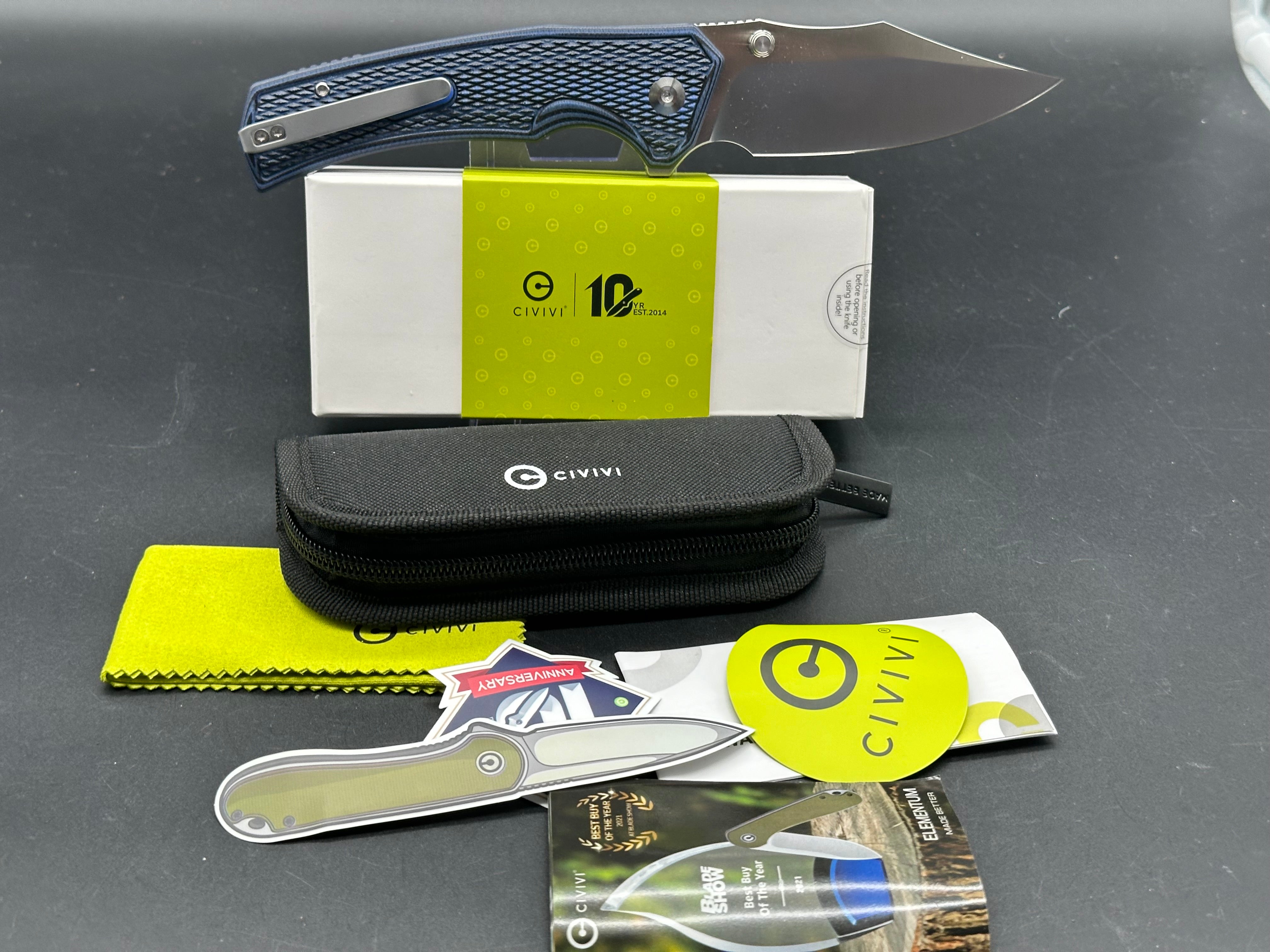CIVIVI Vexillum Folding Knife - Blue/Black Layered G10 Handle, Nitro-V Clip Point Plain Edge - EDC, Outdoor, Camping, Survival Tool