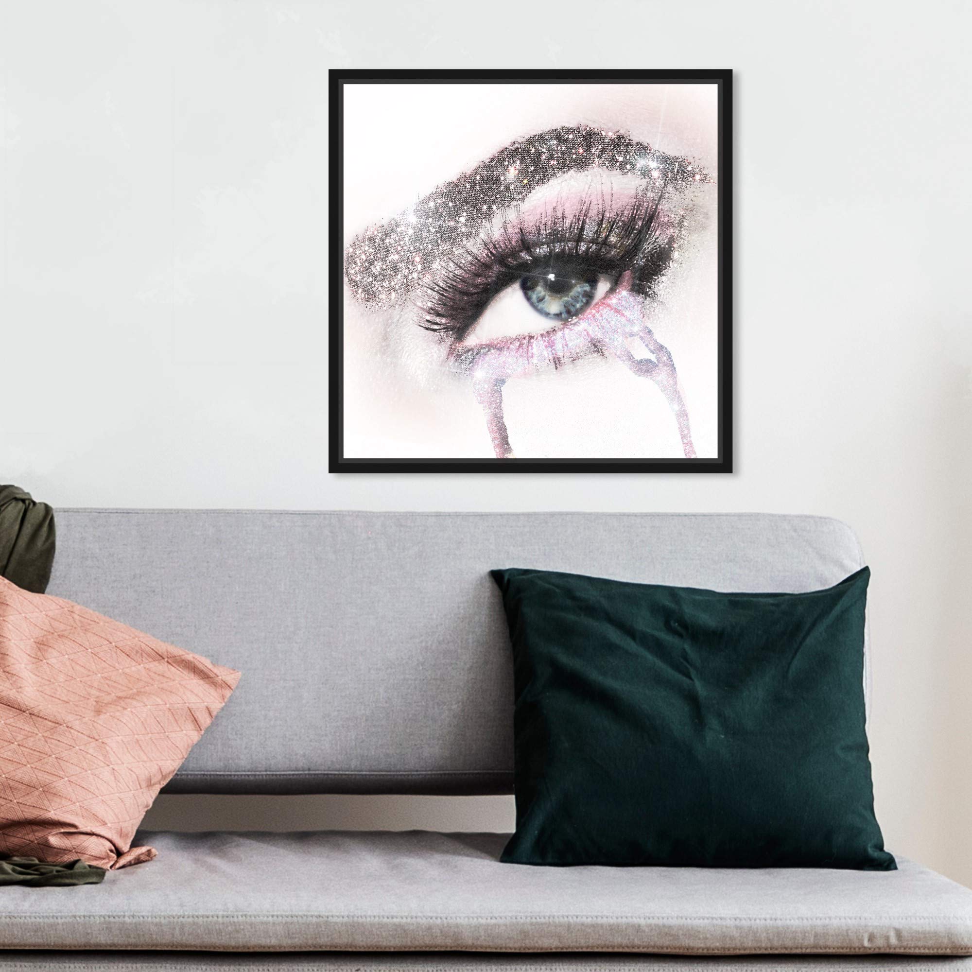 Oliver Gal Artist Co. 'Eyes and Rhinestones Pink' Framed Canvas Wall Art - 12x12 Inch Fashion Glam Decor for Bedroom, Living Room & Office - Gray & White Mascara Inspired Home Décor