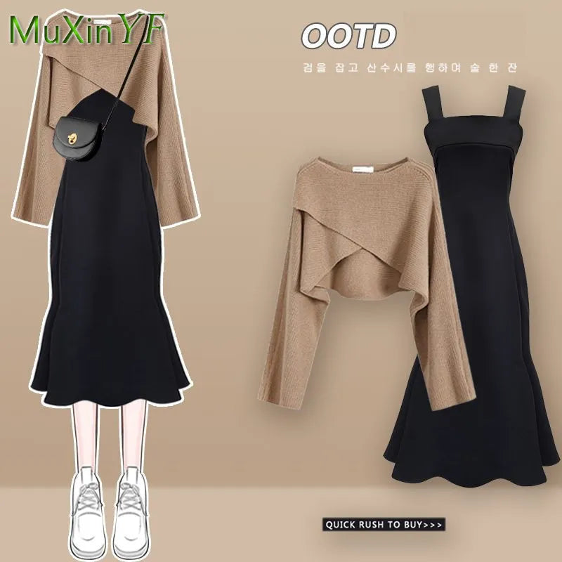 Korean Elegant Bow Cardigan & Sexy Fishtail Skirt Set - Autumn Winter Fashion Knitwear Two Piece Outfit for Women | Perfect for Date Nights, Office Wear & Holiday Parties