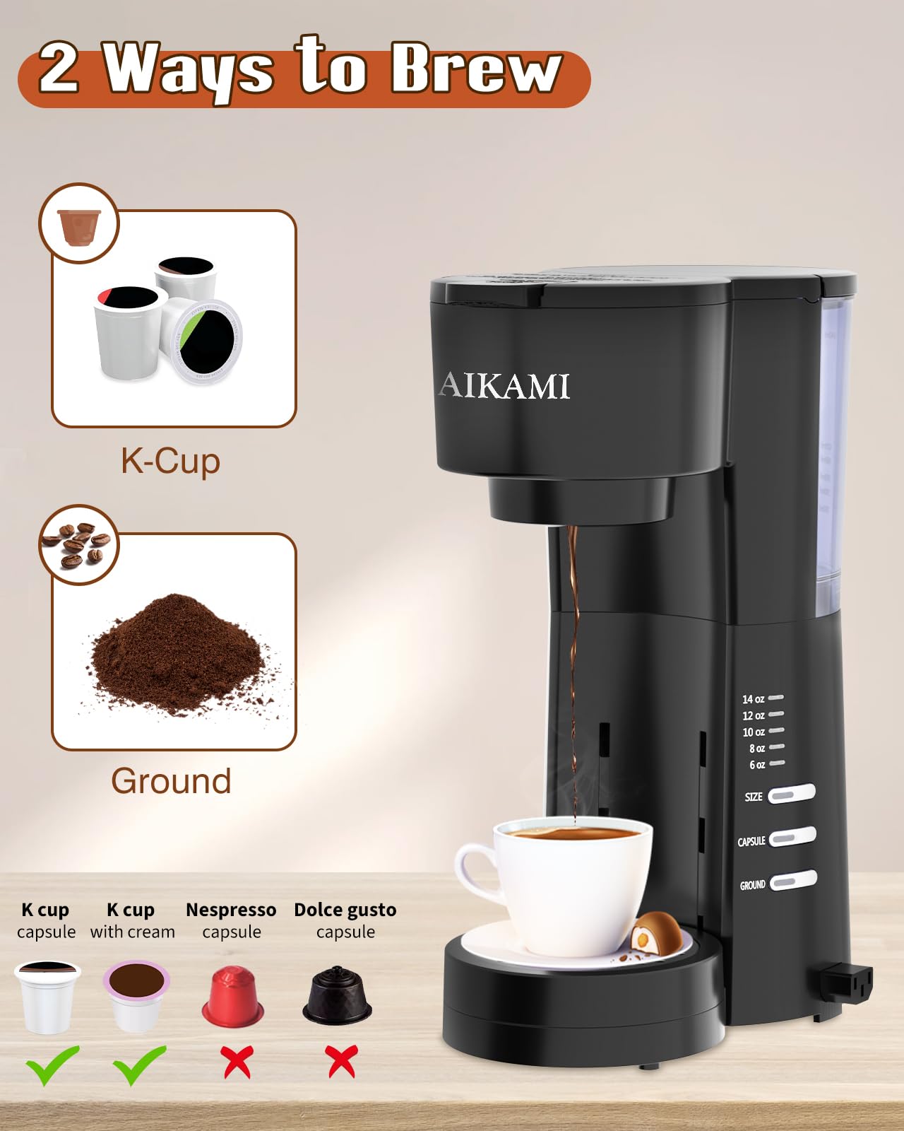 4 in 1 Single Serve Coffee Maker with Built-in Milk Frother & Grinder - Compatible with K-Cups & Ground Coffee - 30oz Removable Water Tank - 6-14oz Brew Sizes - Perfect for Home, Office & Small Kitchens - Compact Espresso Machine for Latte, Cappuccino & Americano Lovers