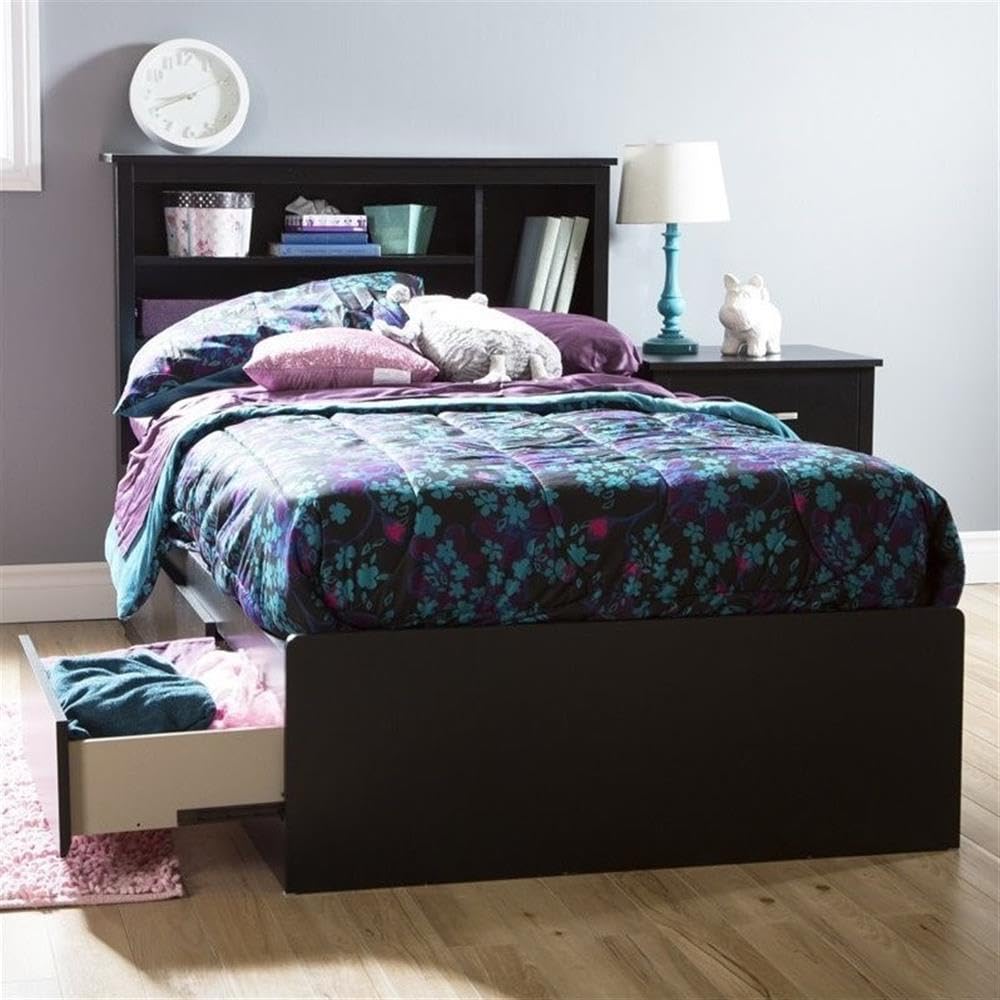 Rosebery Full Size Kids Platform Bed with 3 Drawers & Wood Slats - No Box Spring Needed - Black for Bedroom
