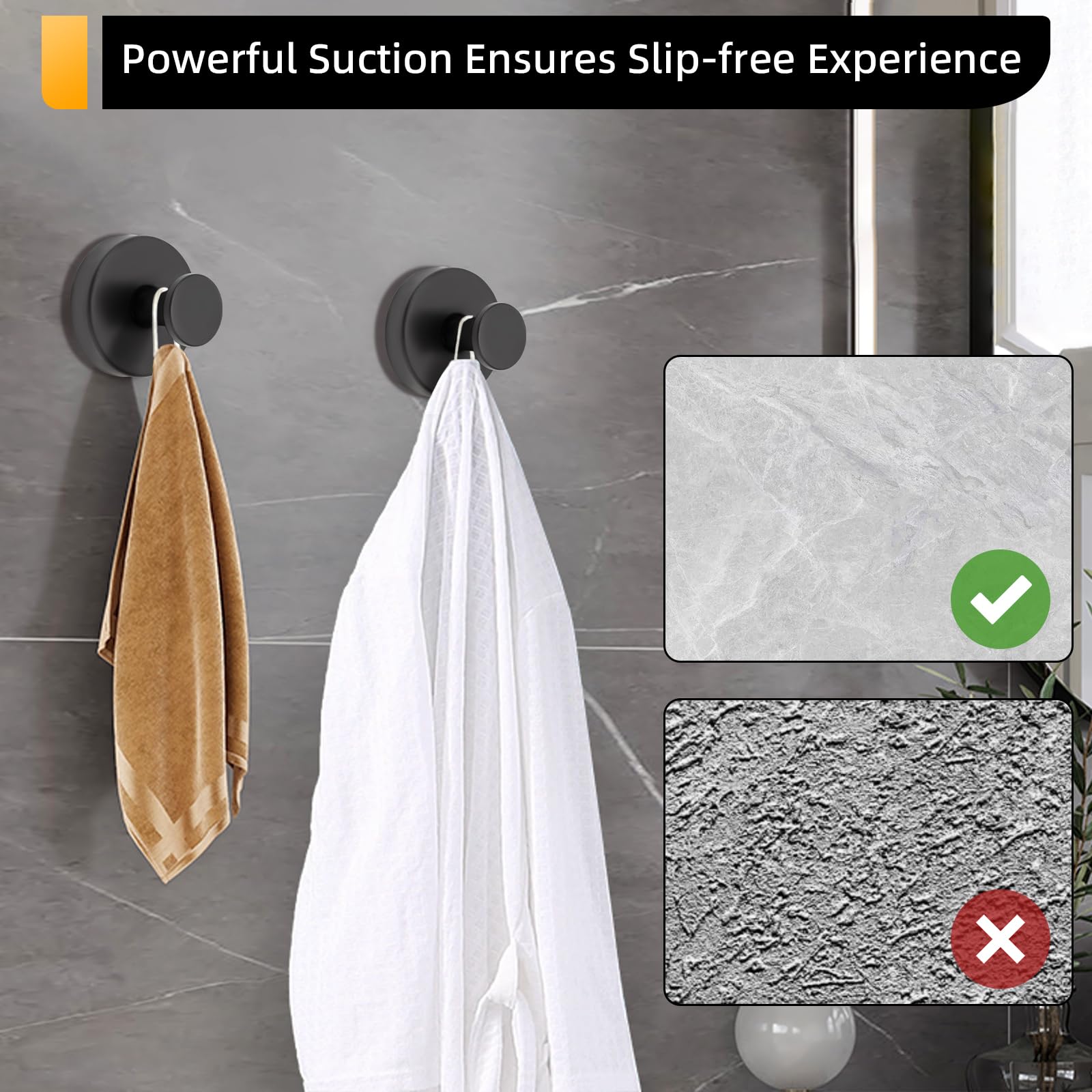 2PCS Shower Hooks with Strong Suction Cups - Heavy Duty Adhesive Bathroom Hooks for Towels, Robes & Accessories - Black Shower Organizer for Bath, Kitchen & Window Use