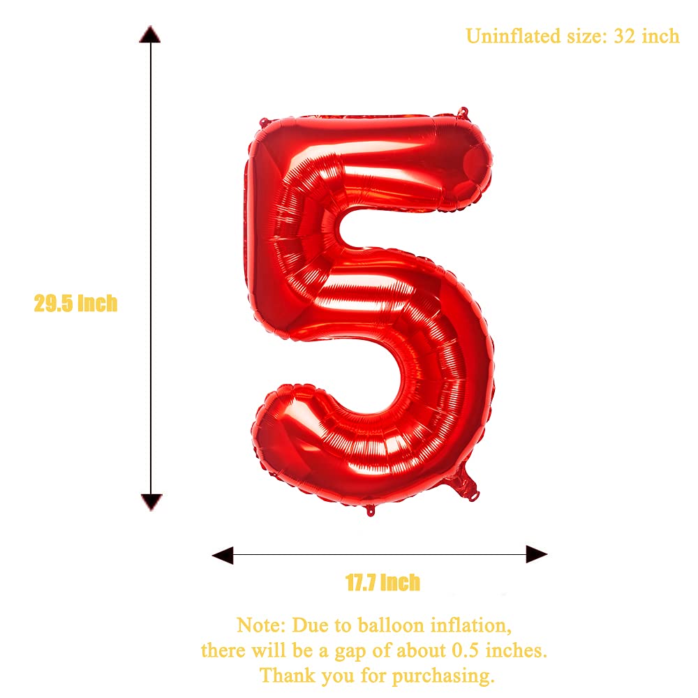 32 Inch Red Number 5 Foil Balloon - Birthday Party Decoration Supplies for Anniversary, Graduation, Baby Shower & Celebration Events - Helium Ready Large Metallic Balloon