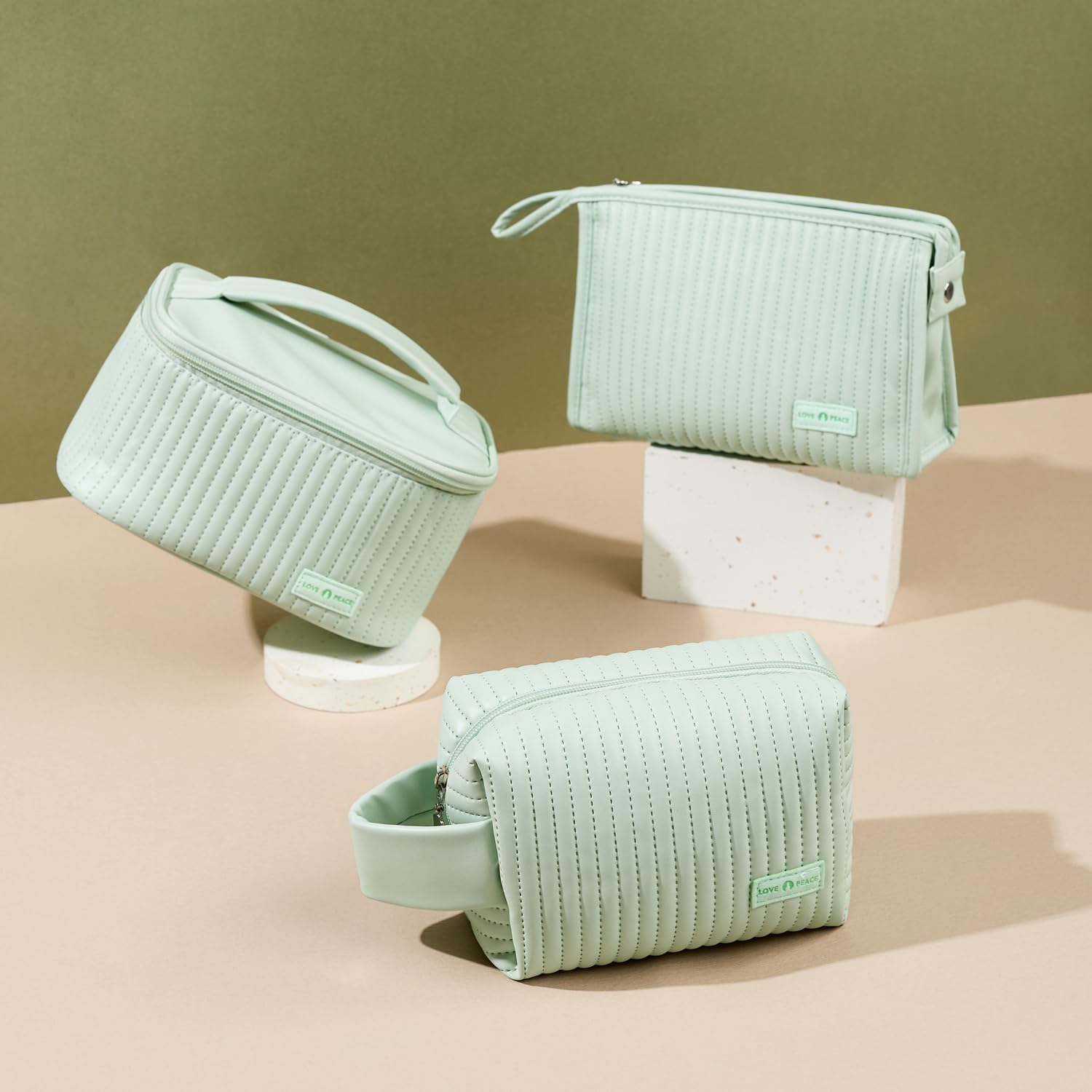 MIRASON 3-Piece Waterproof Makeup Bag Set for Women - Travel & Toiletry Organizer - Green PU Leather Cosmetic Pouch