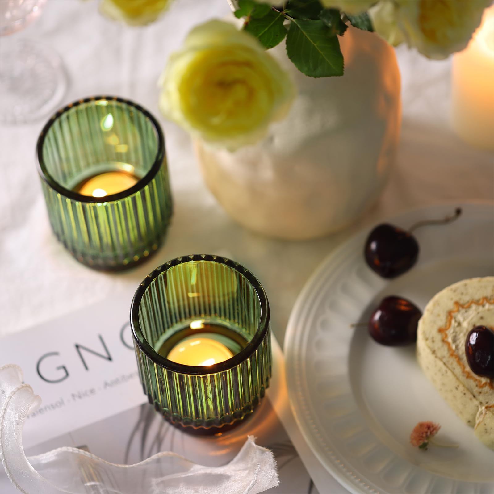 8-Piece Large Green Glass Votive Candle Holders - Wedding Centerpiece Decor, Boho Tea Light Candle Holders for Bridal Shower, Easter Table Decor, Party & Home Decoration - Perfect for Wedding Receptions, Dinner Parties, and Holiday Tablescapes