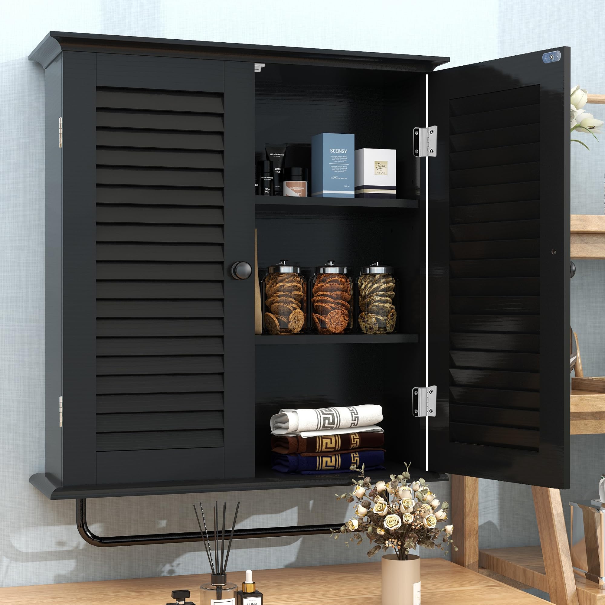 Modern Wall Mounted Bathroom Cabinet with Double Shutter Doors - 3-Tier Adjustable Shelf & Towel Rack - Over The Toilet Storage for Bathroom, Laundry & Medicine Organization (Black) - Perfect for Small Spaces & Apartment Living