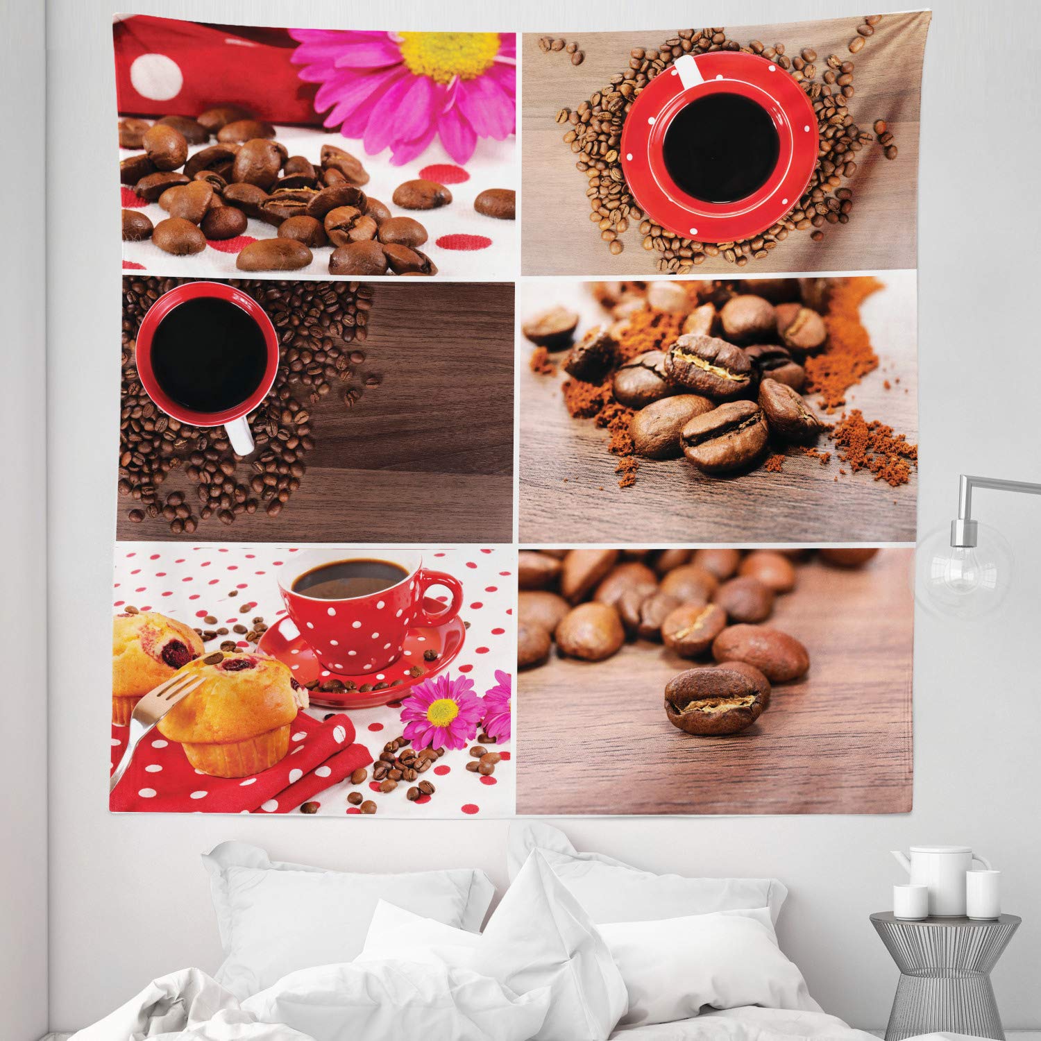 Ambesonne Queen Size Coffee Tapestry - Vintage Coffee Mug & Bean Photography Wall Hanging with Polka Dots Floral Design, 88x88 Inch Brown Red Bedspread for Boho Bedroom Decor | Perfect for Coffee Shop Themed Rooms, Dorm Wall Art & Bohemian Home Decoration
