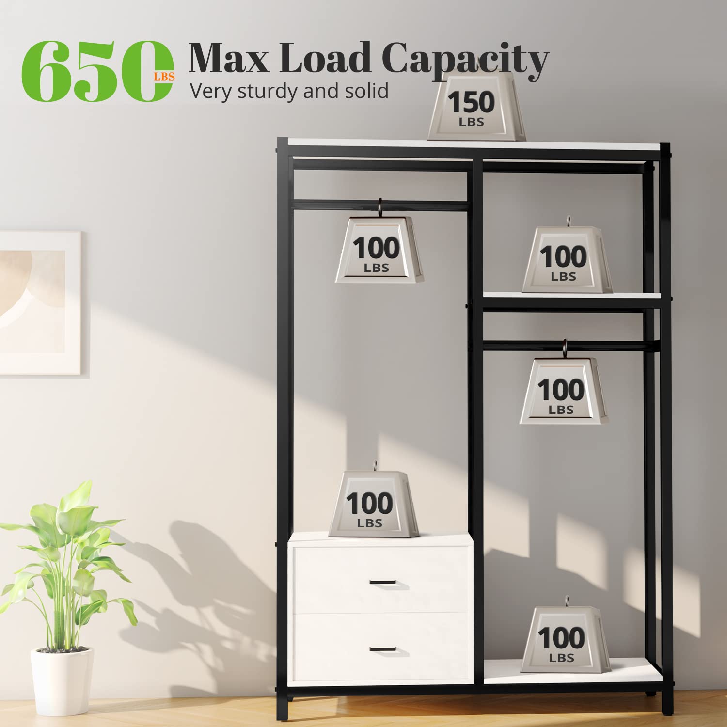 HOKEEPER 650lbs Heavy Duty Metal Wardrobe - Freestanding Closet Organizer with Drawers & Shelves for Bedroom Storage