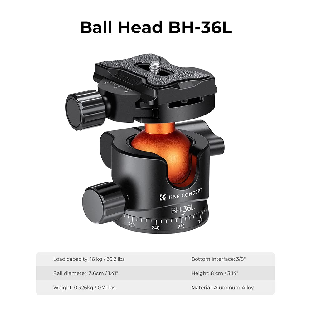 K&F Concept 36mm Metal Tripod Ball Head - 360° Rotating Panoramic Ballhead with 1/4
