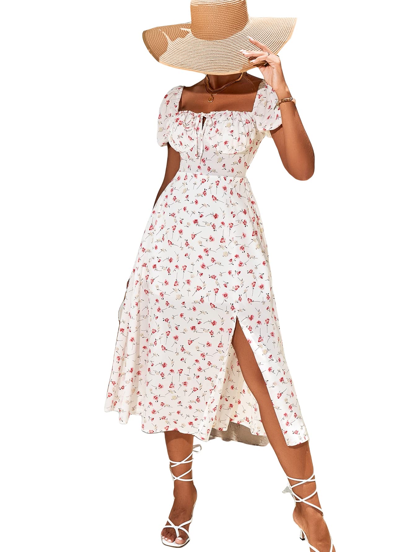SheIn Women's Square Neck Floral Print A-Line Dress with Thigh Split - Perfect for Summer Parties, Weddings & Date Nights
