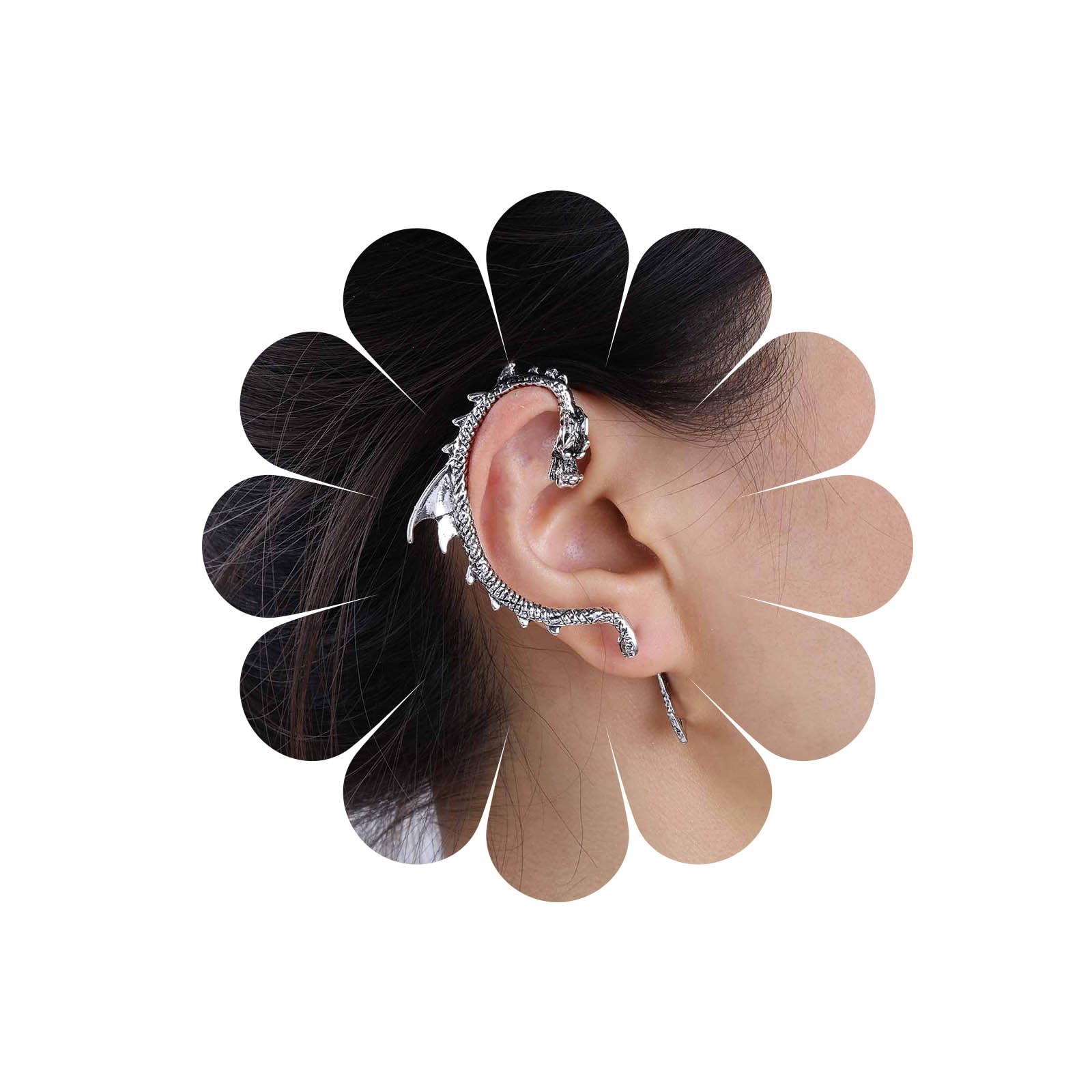 Vintage Dragon Ear Cuff Wrap Earrings - Silver Dragon Climber & Cartilage Ear Clip Jewelry for Women & Girls | Gothic Fantasy Costume, Cosplay, Festival & Everyday Wear